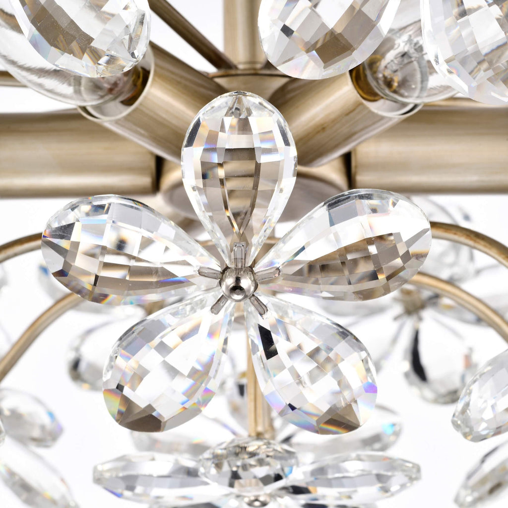 Plafonnier Rosa à 6 lumières en cristal argenté brossé, motif fleur de champagne - 45 cm de diamètre x 22 cm de hauteur