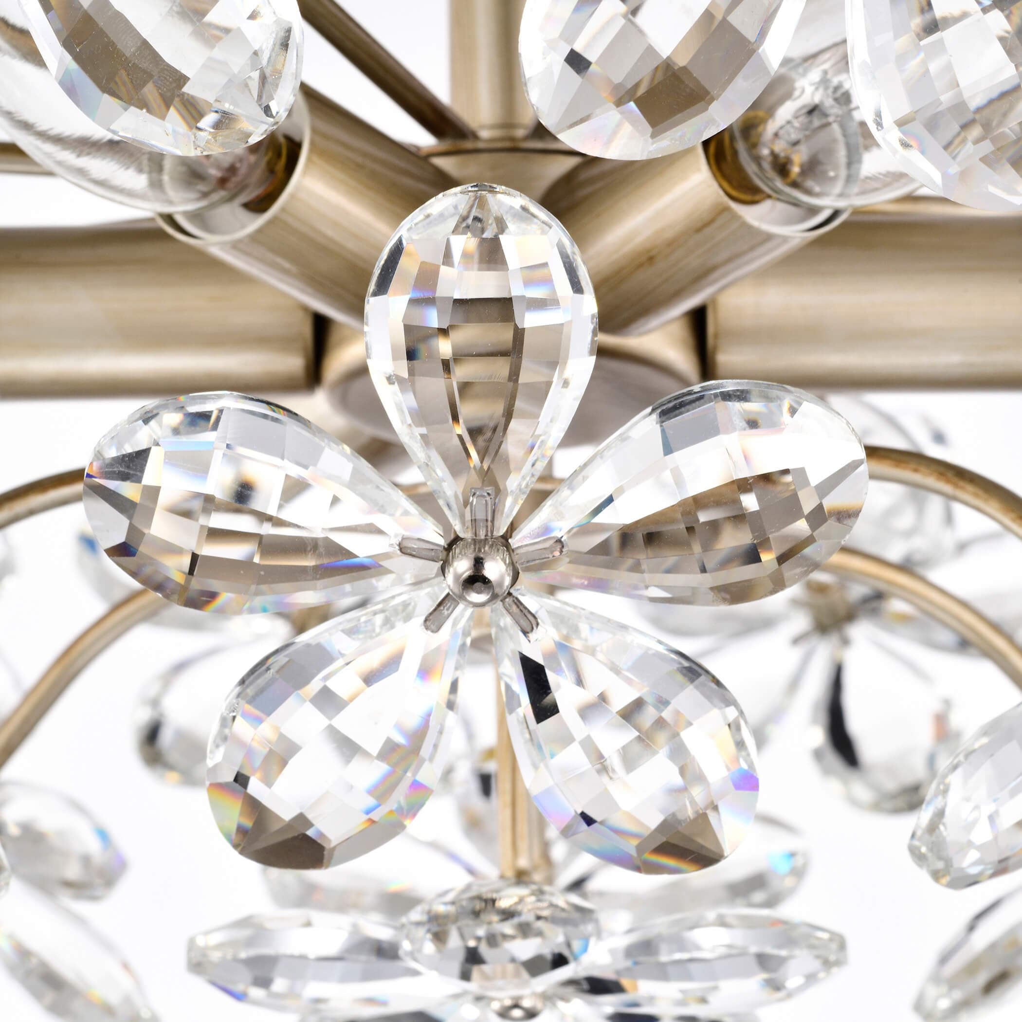 Plafonnier Rosa à 6 lumières en cristal argenté brossé, motif fleur de champagne - 45 cm de diamètre x 22 cm de hauteur
