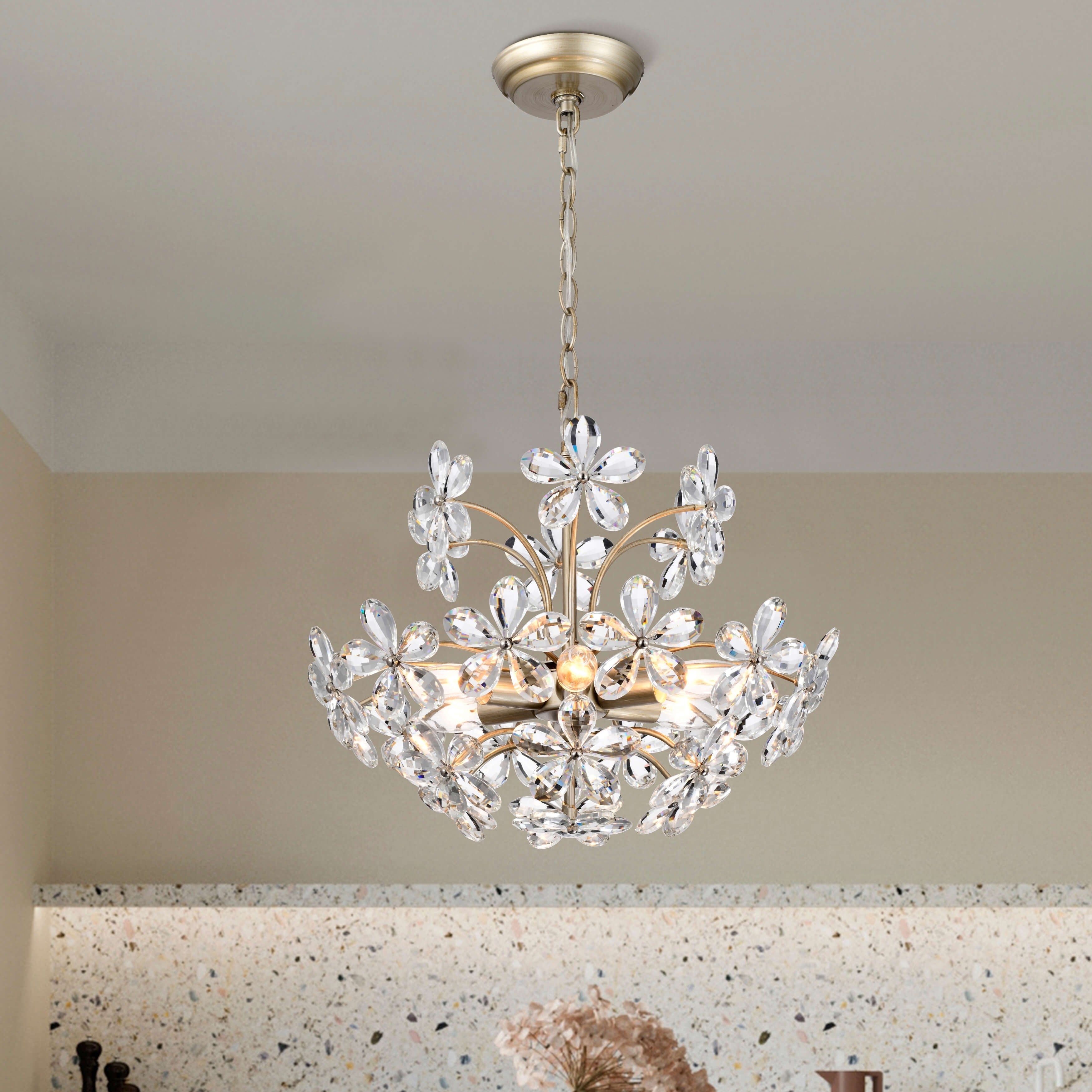 Lustre Rosa à 6 lumières en cristal argenté brossé, motif fleur de champagne
