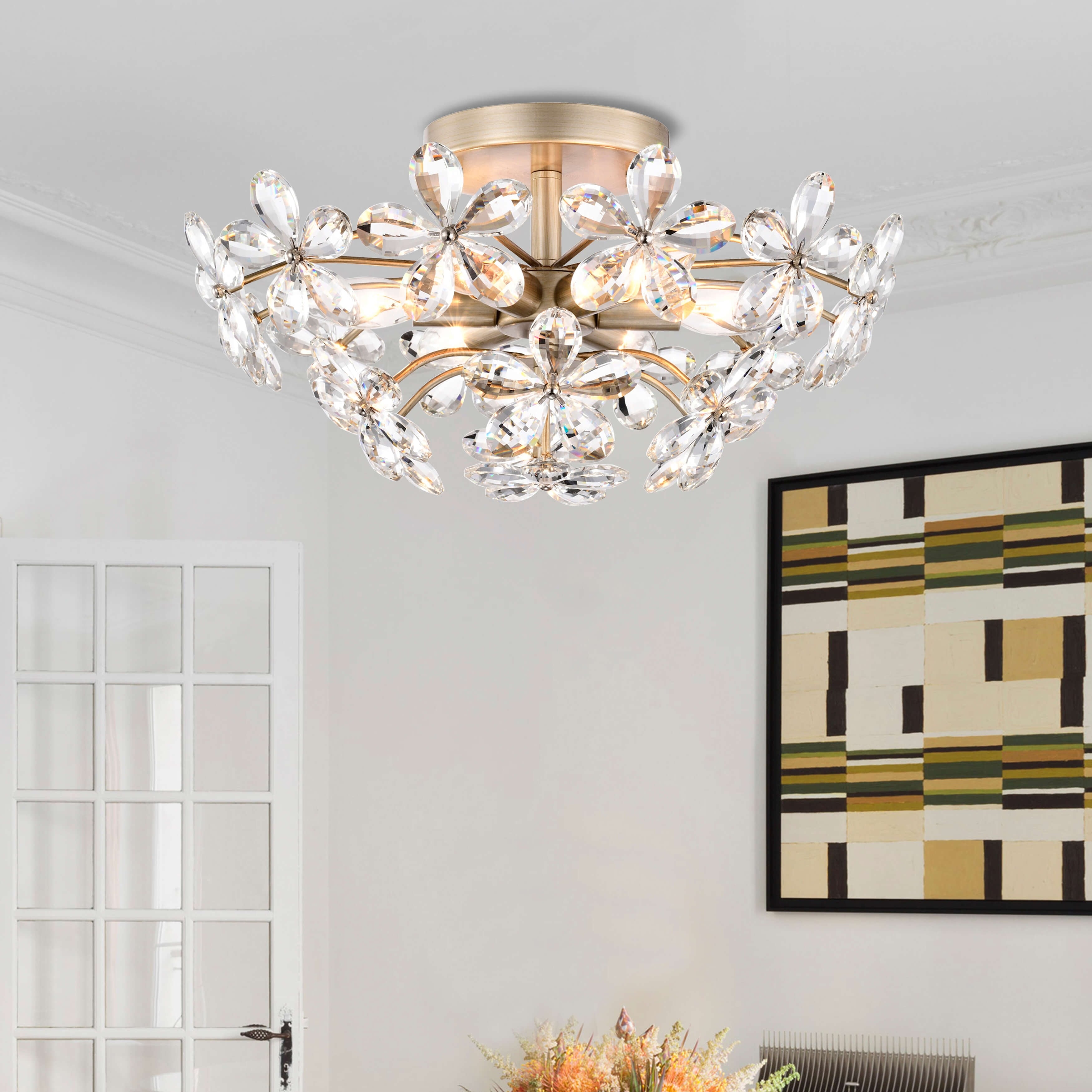Plafonnier Rosa à 6 lumières en cristal argenté brossé, motif fleur de champagne - 45 cm de diamètre x 22 cm de hauteur