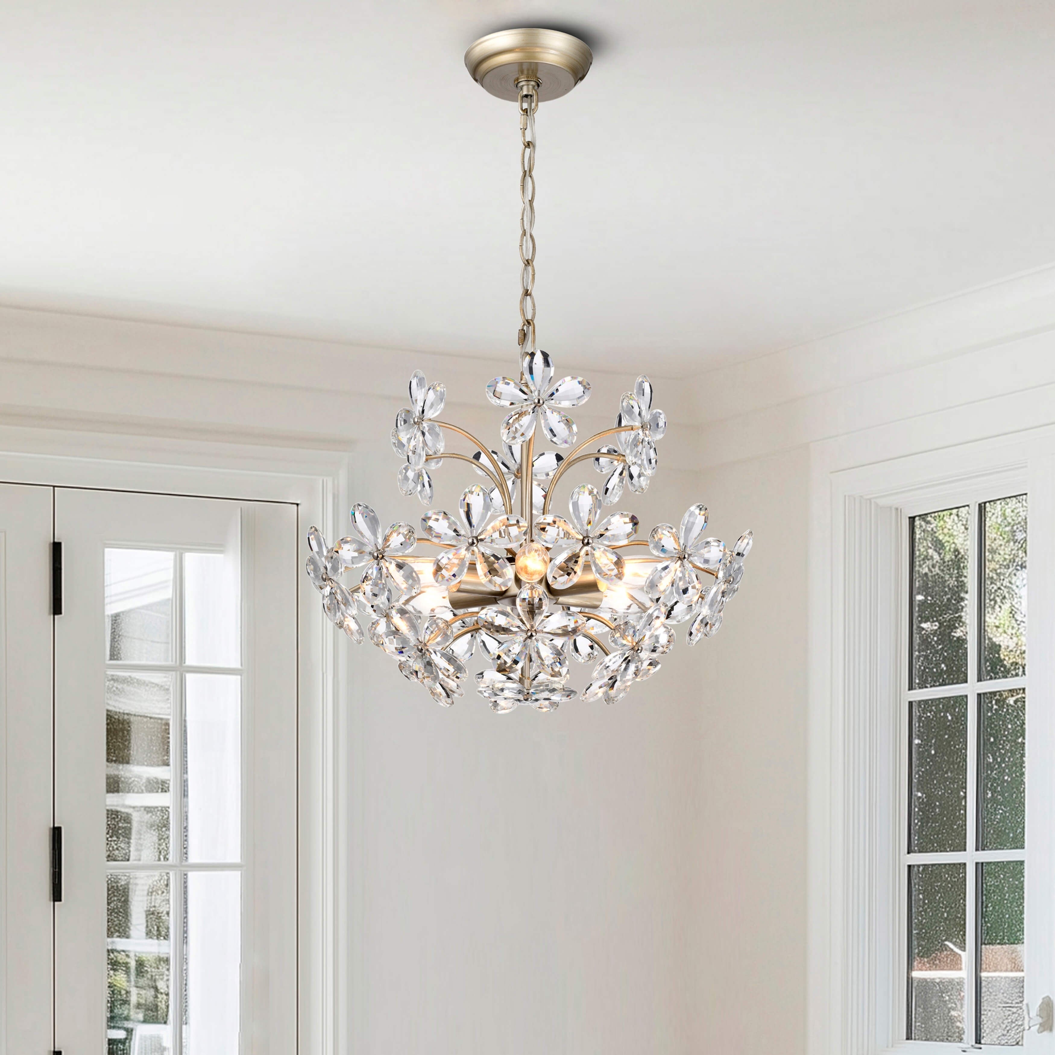 Lustre Rosa à 6 lumières en cristal argenté brossé, motif fleur de champagne