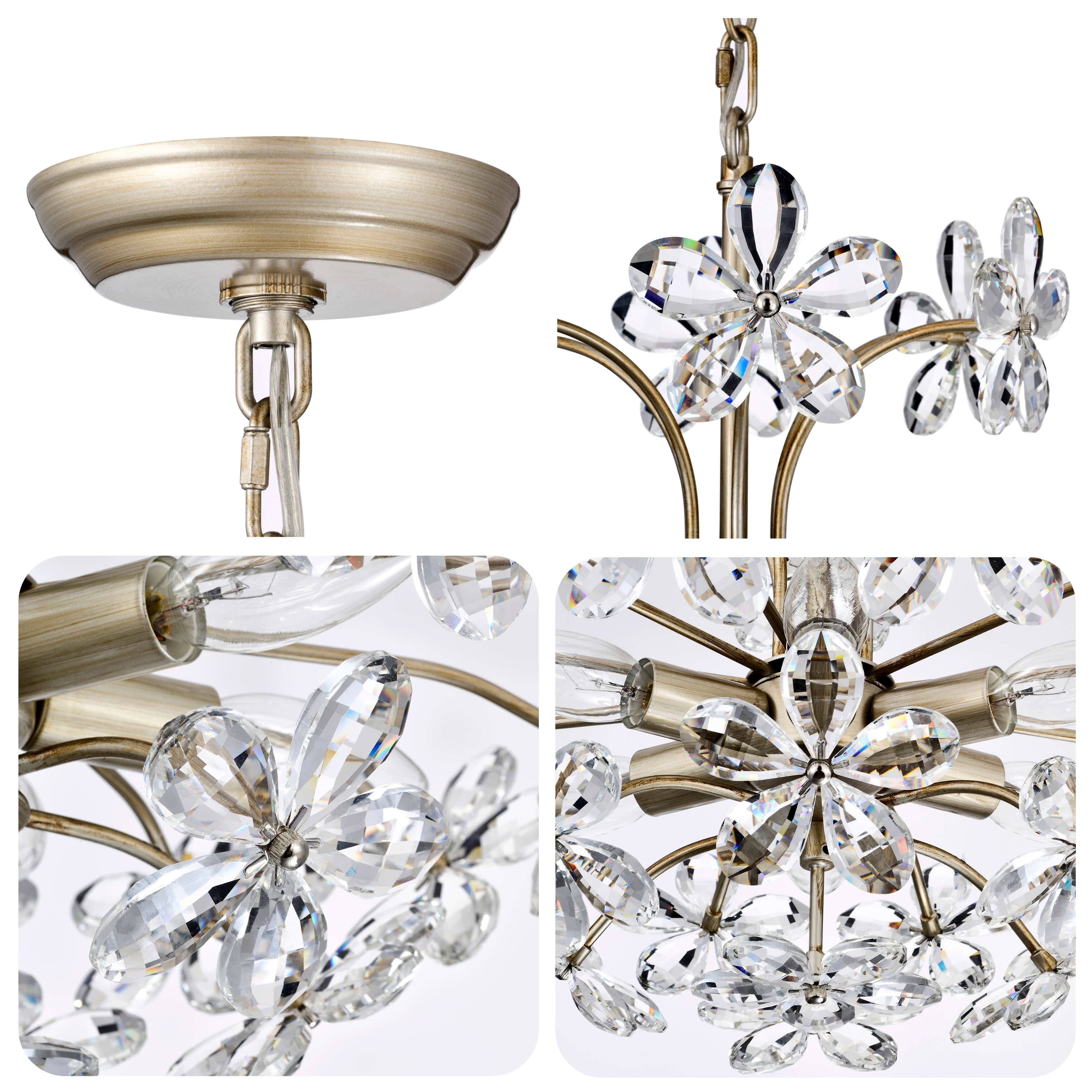 Lustre Rosa à 6 lumières en cristal argenté brossé, motif fleur de champagne