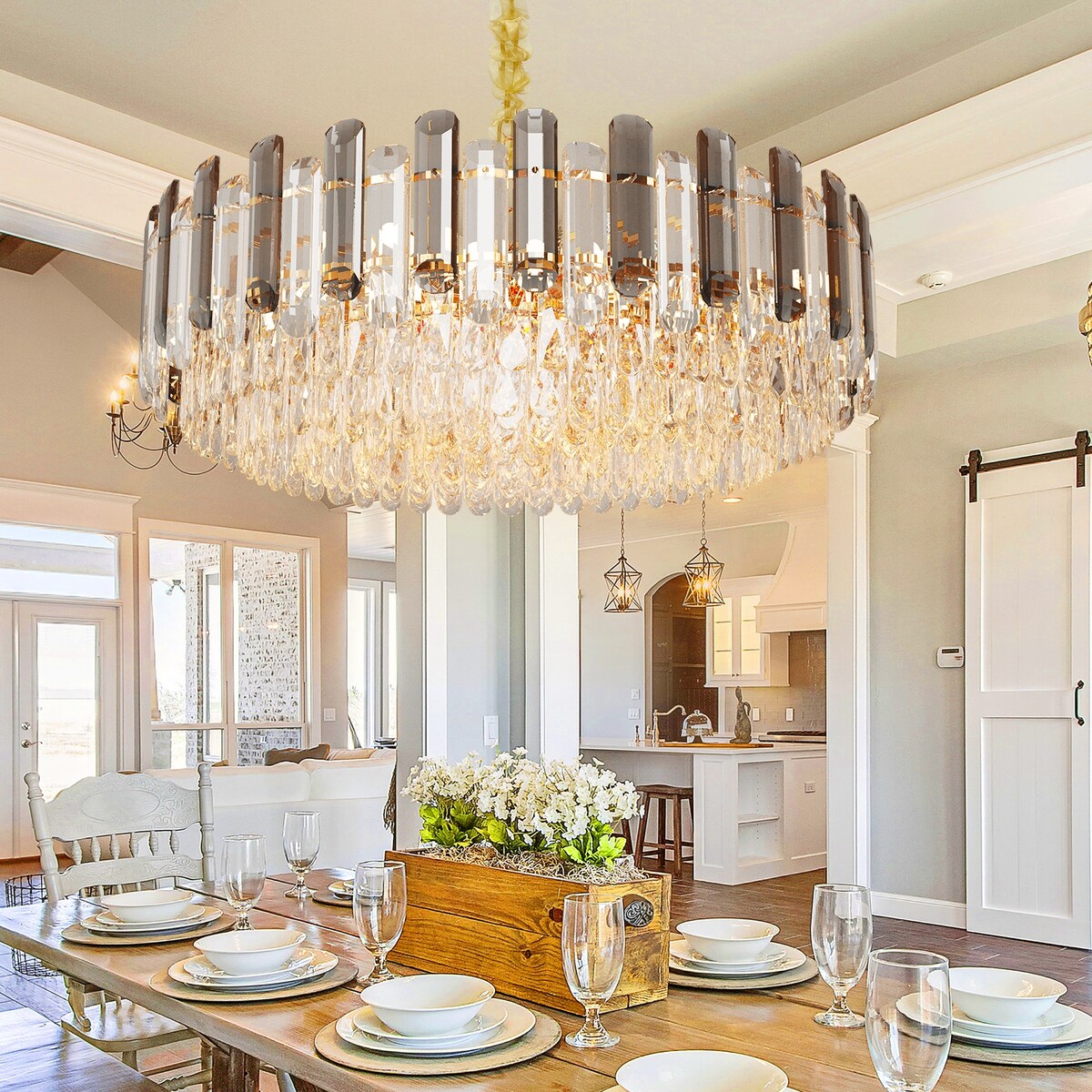 Lustre de plafond rond en cristal brillant avec éclairage à 3 couleurs