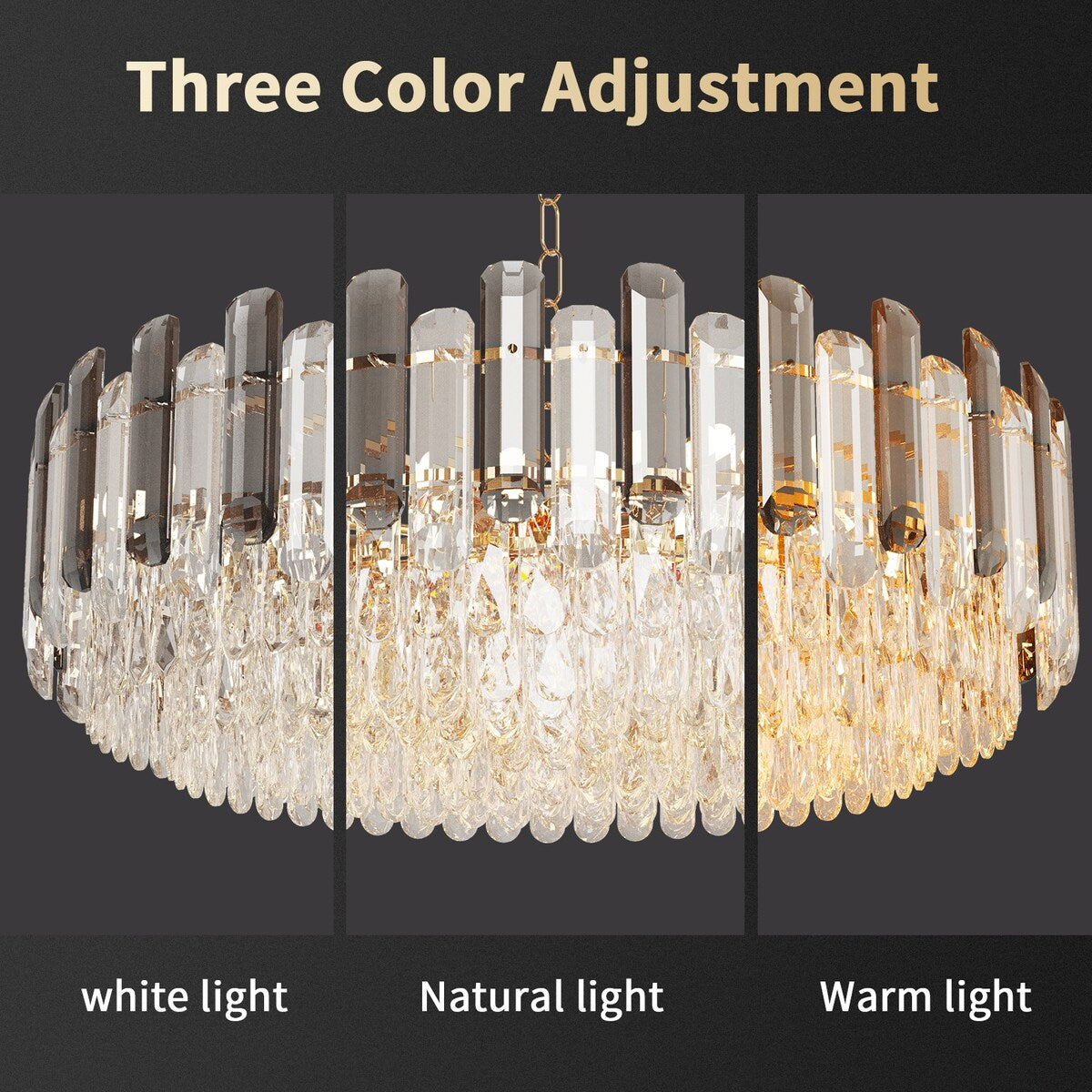 Lustre de plafond rond en cristal brillant avec éclairage à 3 couleurs
