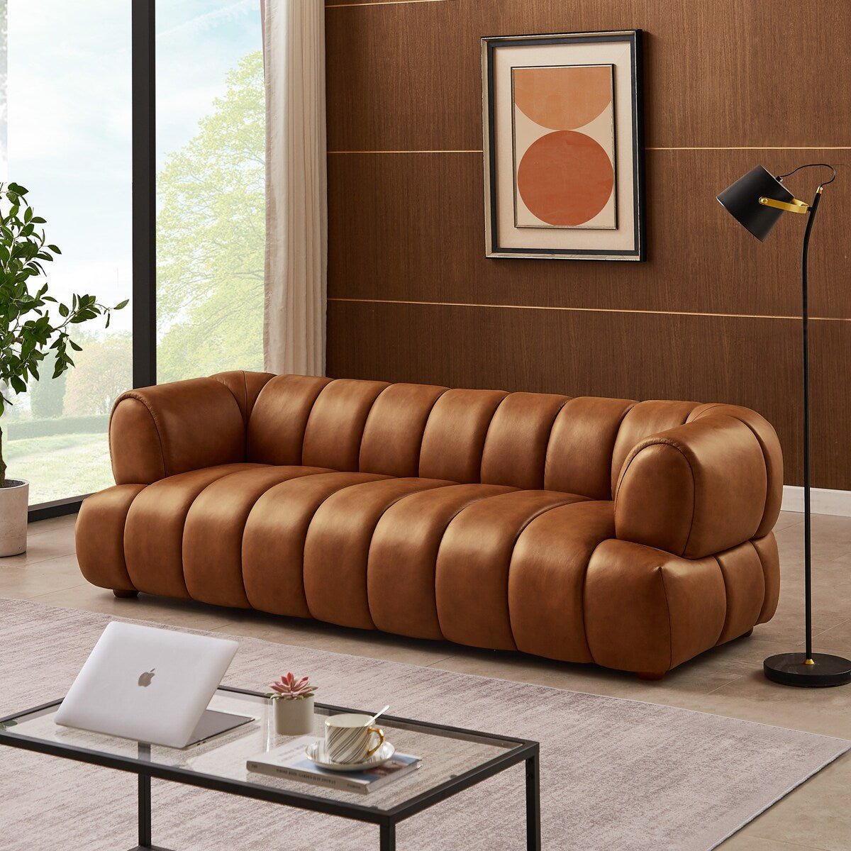 Canapé de luxe Rovan de style Mid-Century Modern en cuir cognac