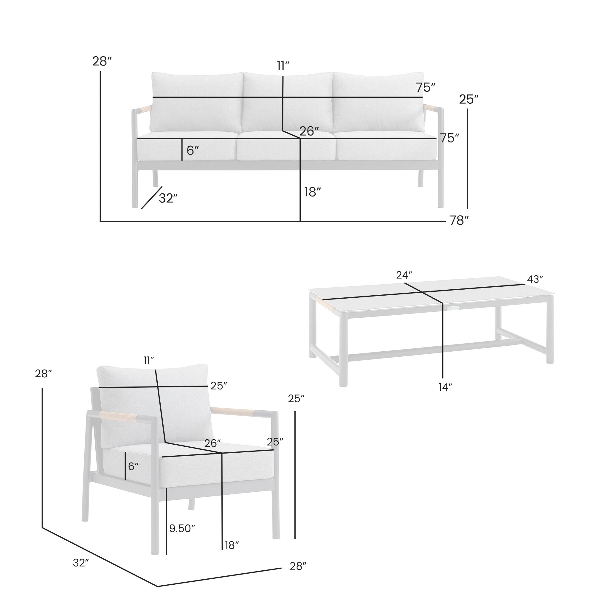 Ensemble de salon de jardin Royal 4 pièces, toutes saisons, avec sièges profonds et coussins gris