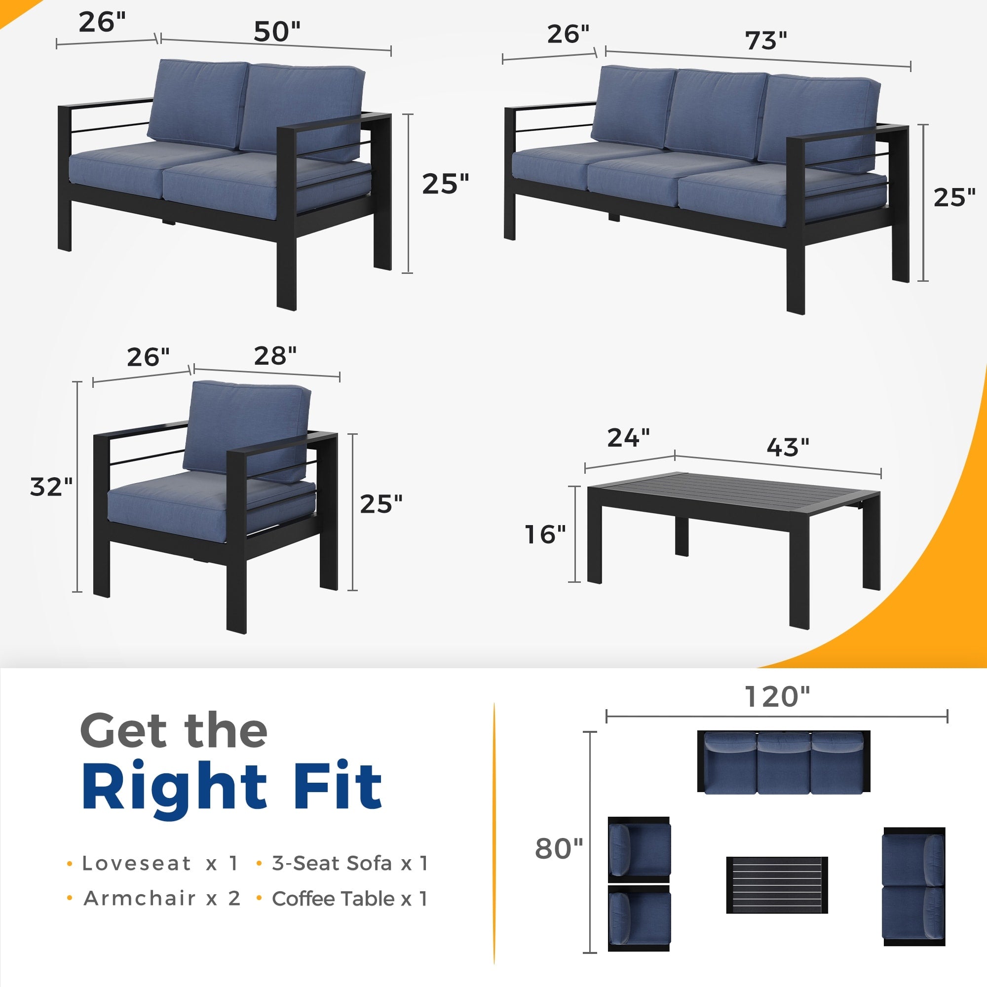 Ensemble de sièges d'extérieur sectionnels en aluminium Royalcraft 5 pièces