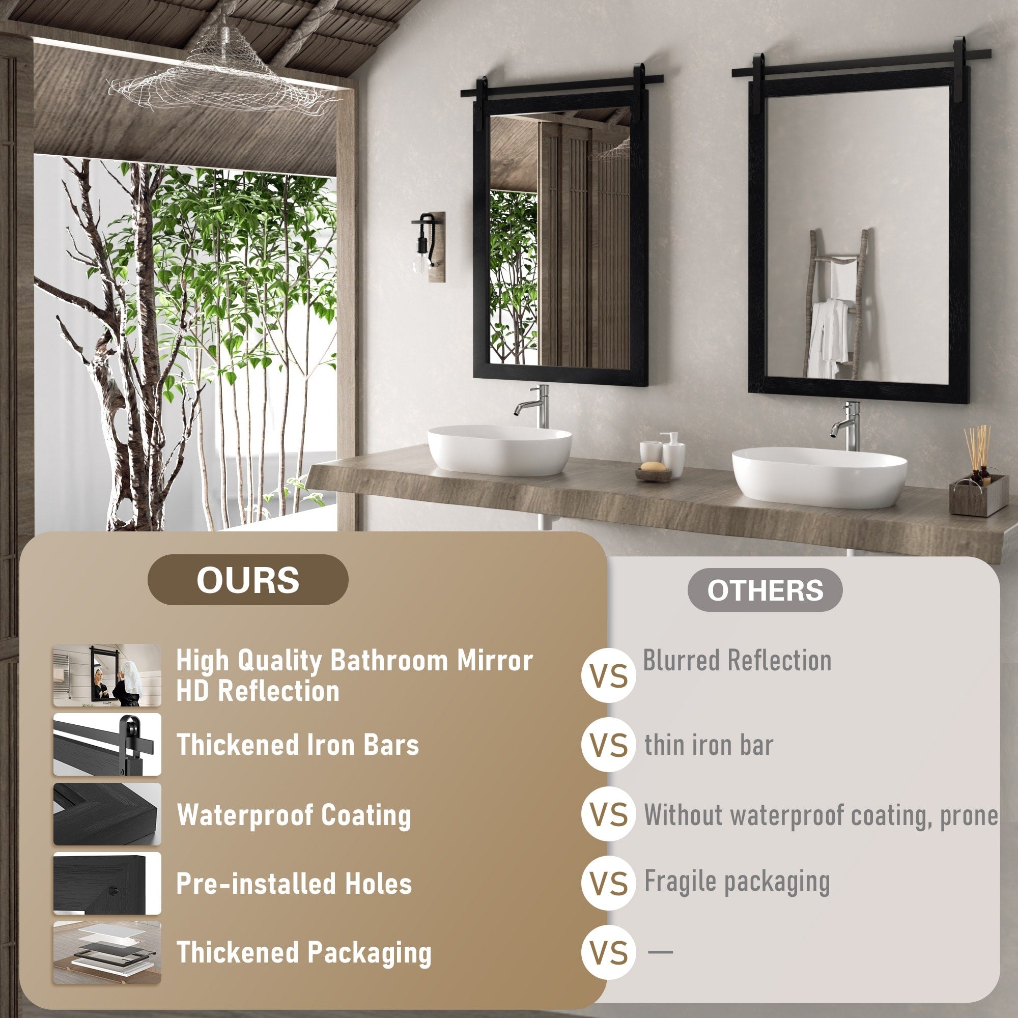 Miroirs muraux de style rural, miroirs de salle de bain de ferme, miroir de grange, miroir de courtoisie avec cadre en bois (1 pièce)
