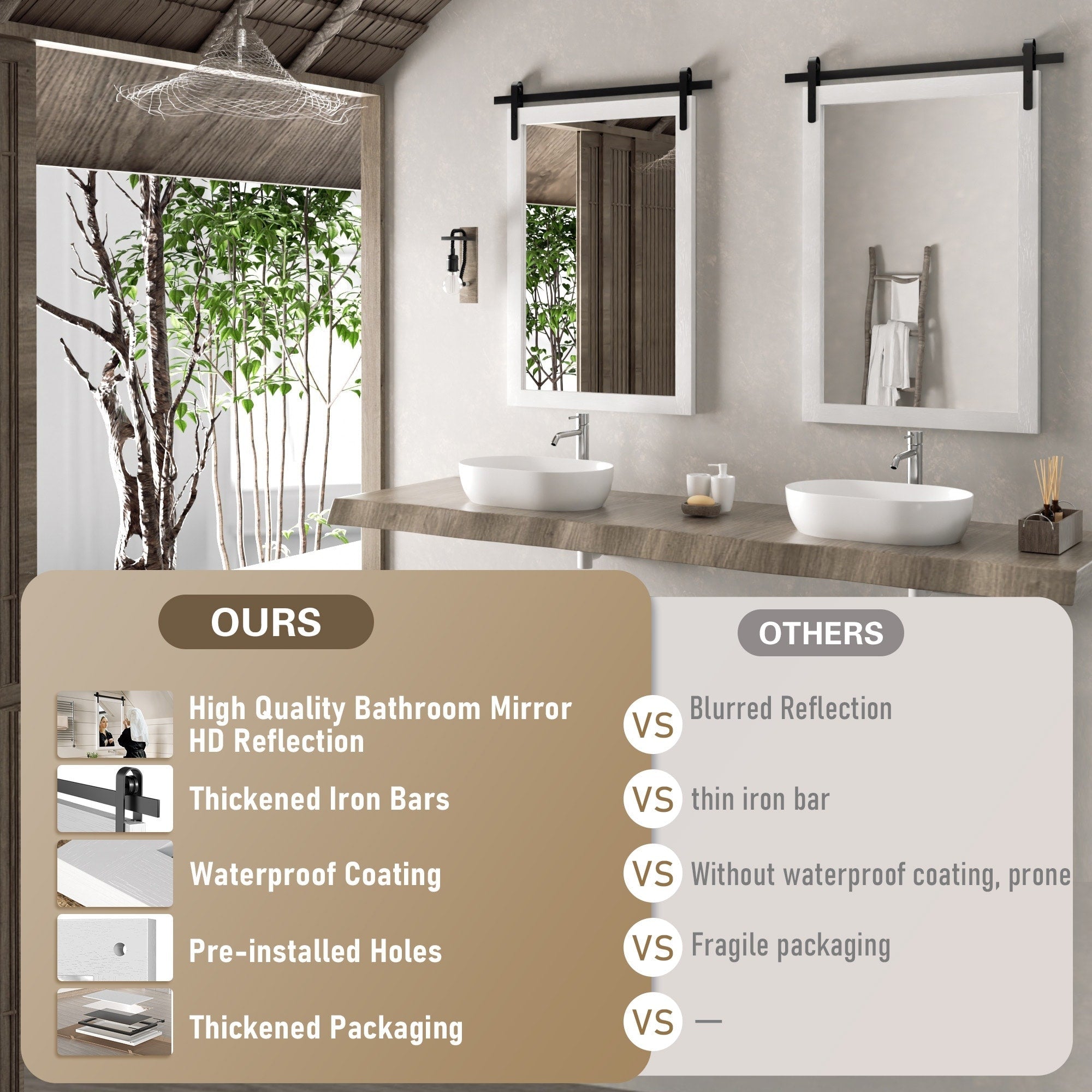Miroirs muraux de style rural, miroirs de salle de bain de ferme, miroir de grange, miroir de courtoisie avec cadre en bois (1 pièce)