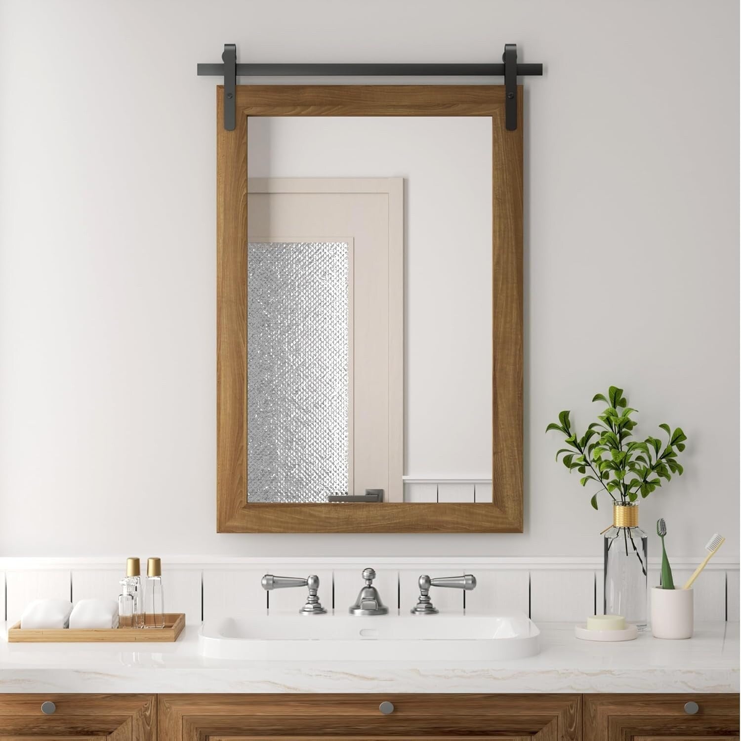Miroirs muraux de style rural, miroirs de salle de bain de ferme, miroir de grange, miroir de courtoisie avec cadre en bois (1 pièce)