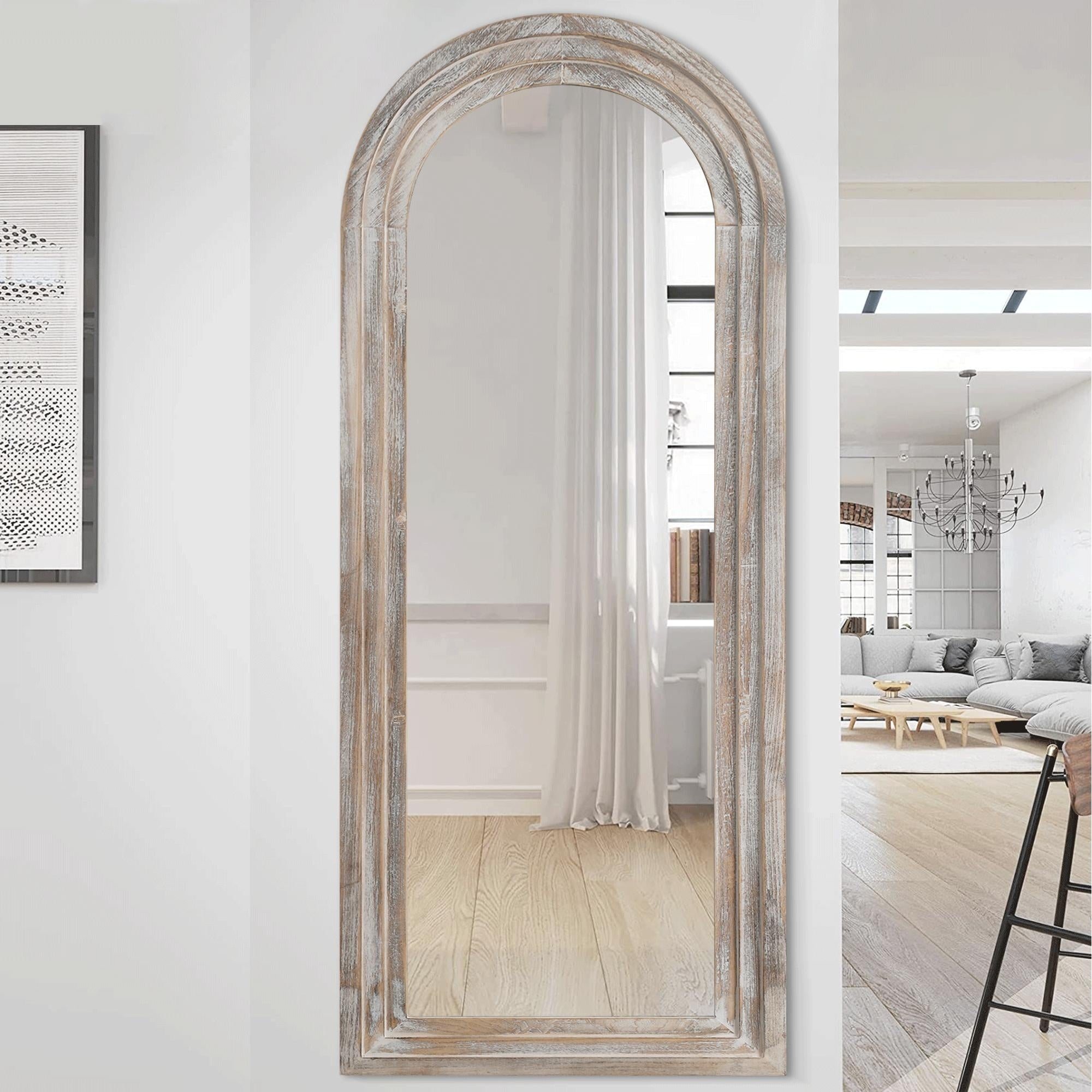 Miroir rustique en bois vieilli Dovelina, miroir de sol pleine longueur