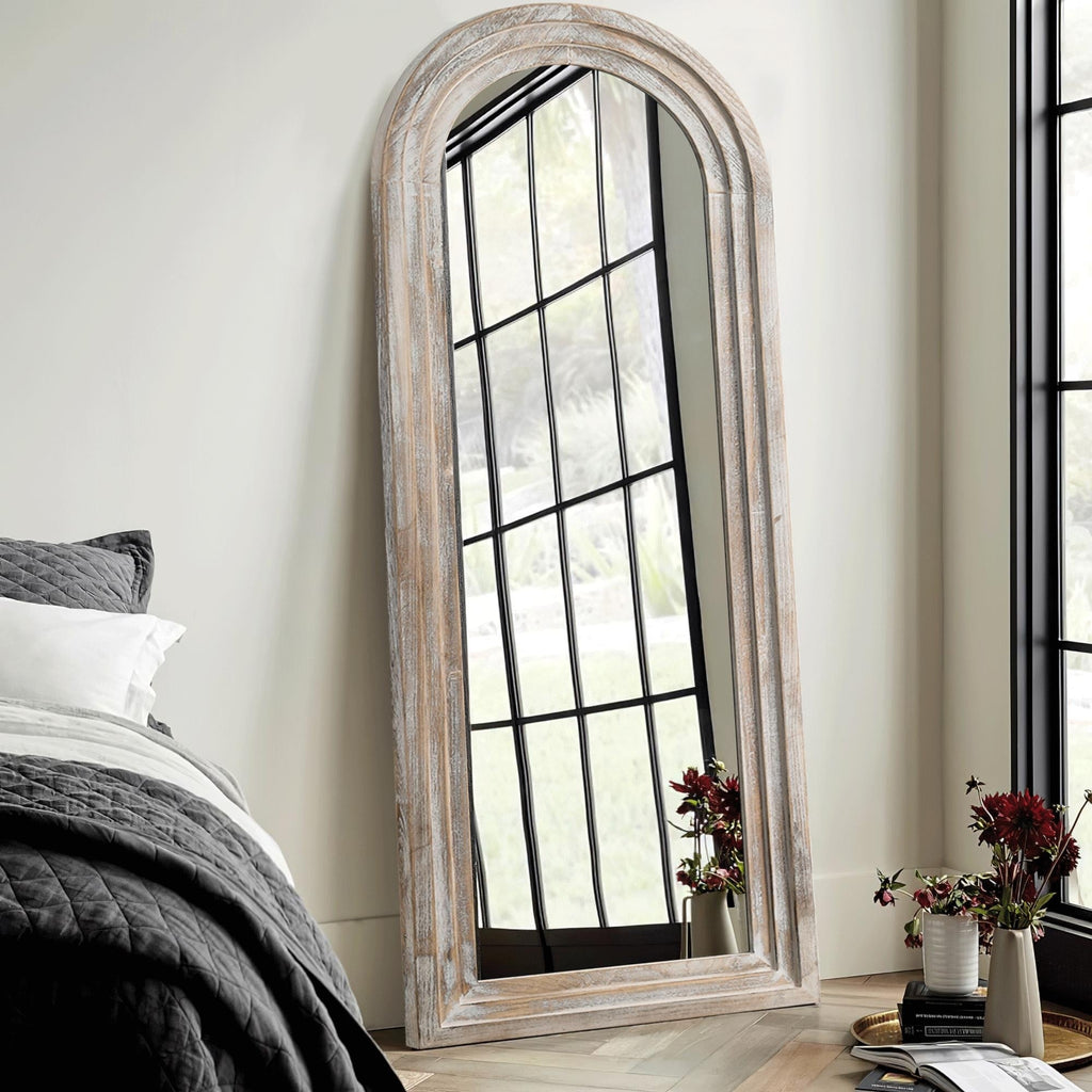 Miroir rustique en bois vieilli Dovelina, miroir de sol pleine longueur