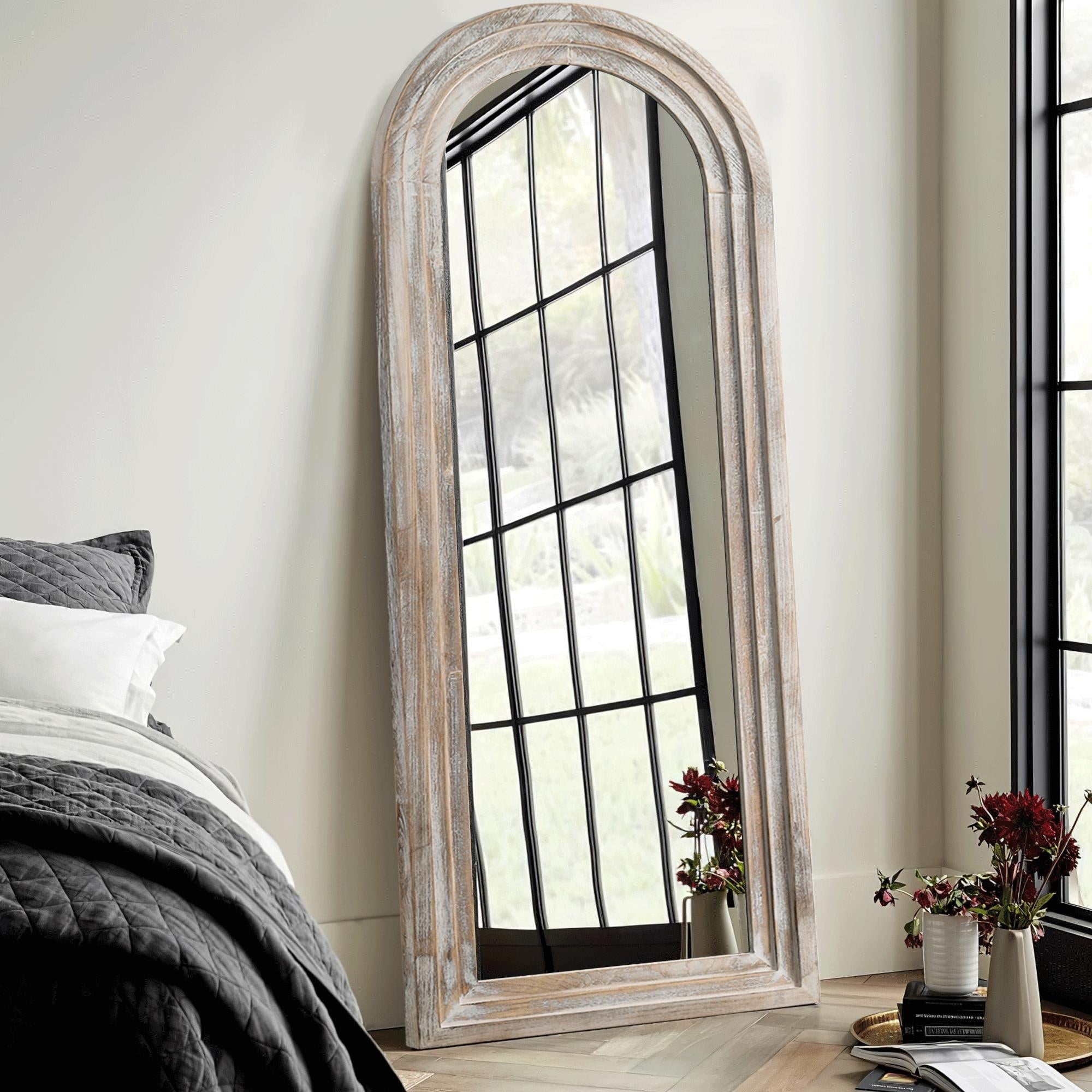 Miroir rustique en bois vieilli Dovelina, miroir de sol pleine longueur