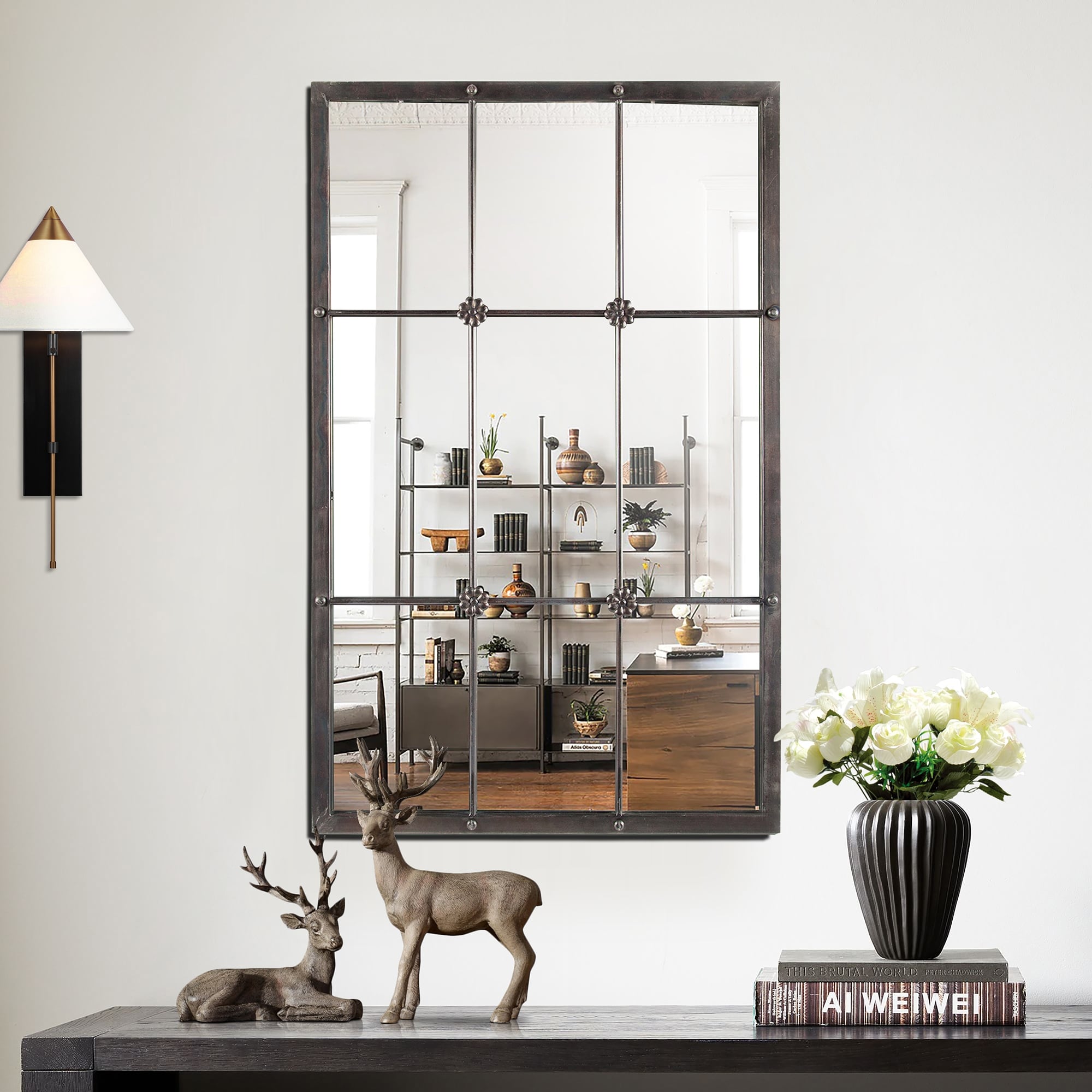 Miroir mural rustique à cadre en métal brun avec vitre décorative - 37,75 H x 23,8 L x 1 P