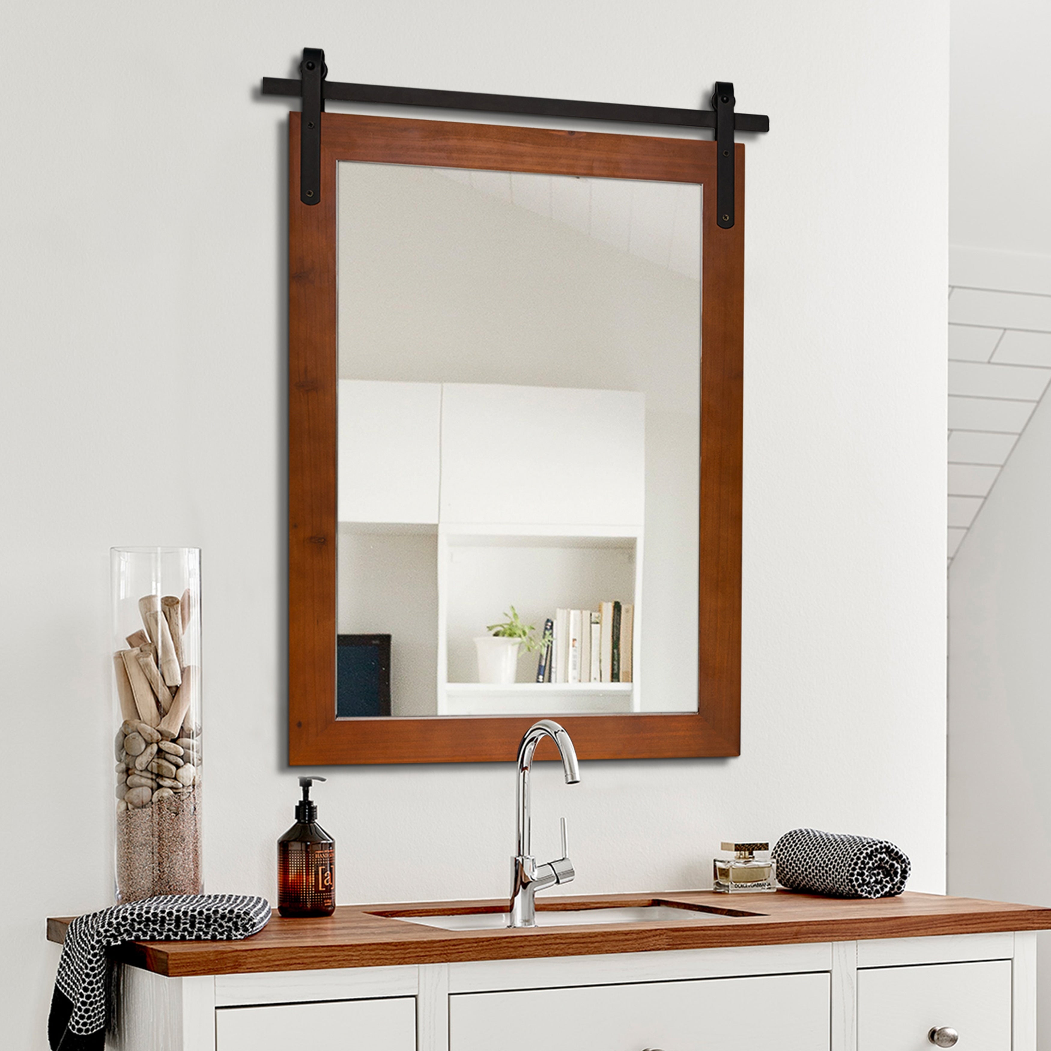 Miroir de ferme rustique Miroir de courtoisie Cadre en bois massif avec miroir de style grange en métal