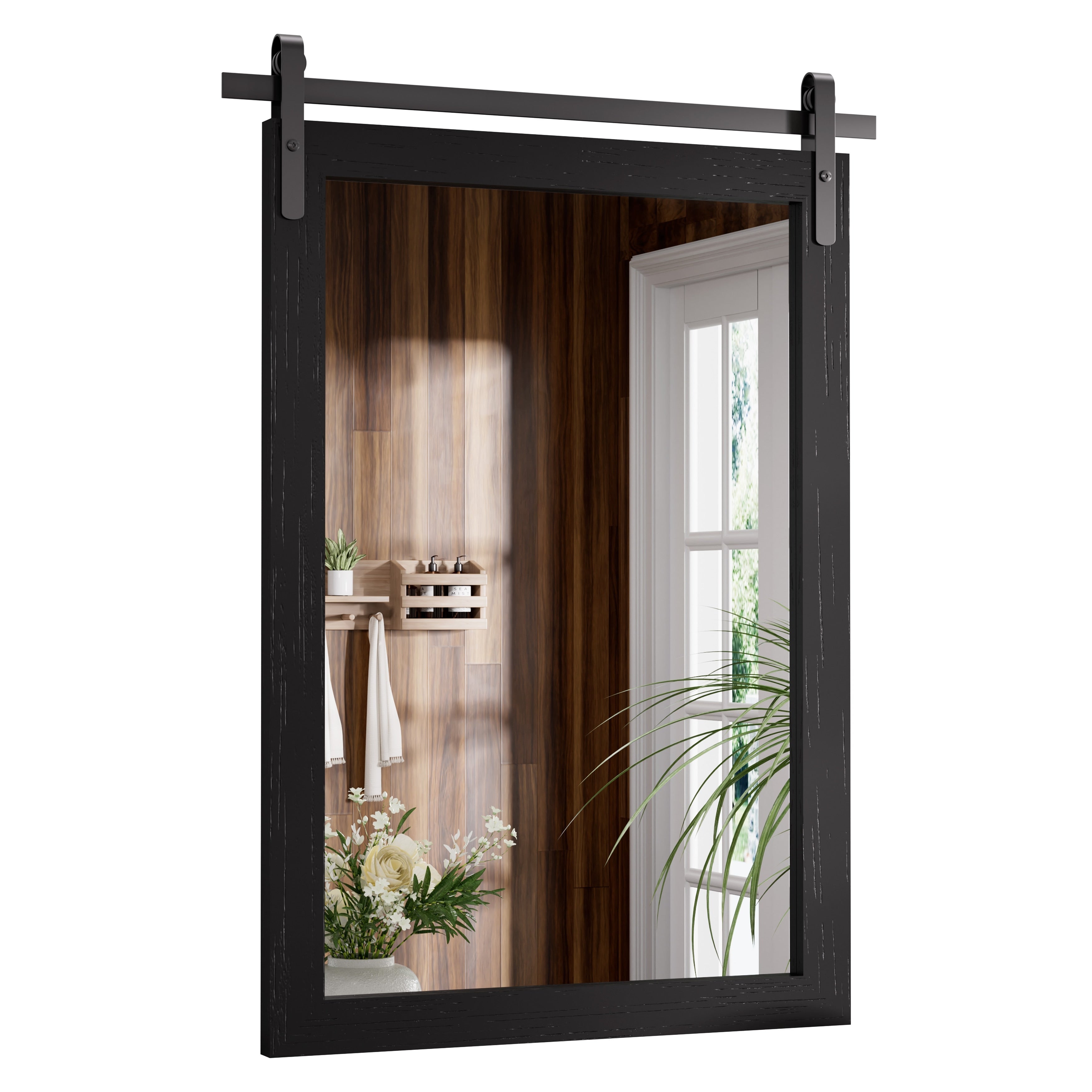 Miroir de ferme rustique Miroir de courtoisie Cadre en bois massif avec miroir de style grange en métal