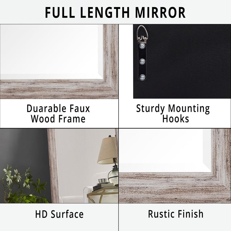 Miroir rustique pleine longueur - 66 x 32 cm, cadre rectangulaire en bois, miroir intégral pour salon, chambre à coucher
