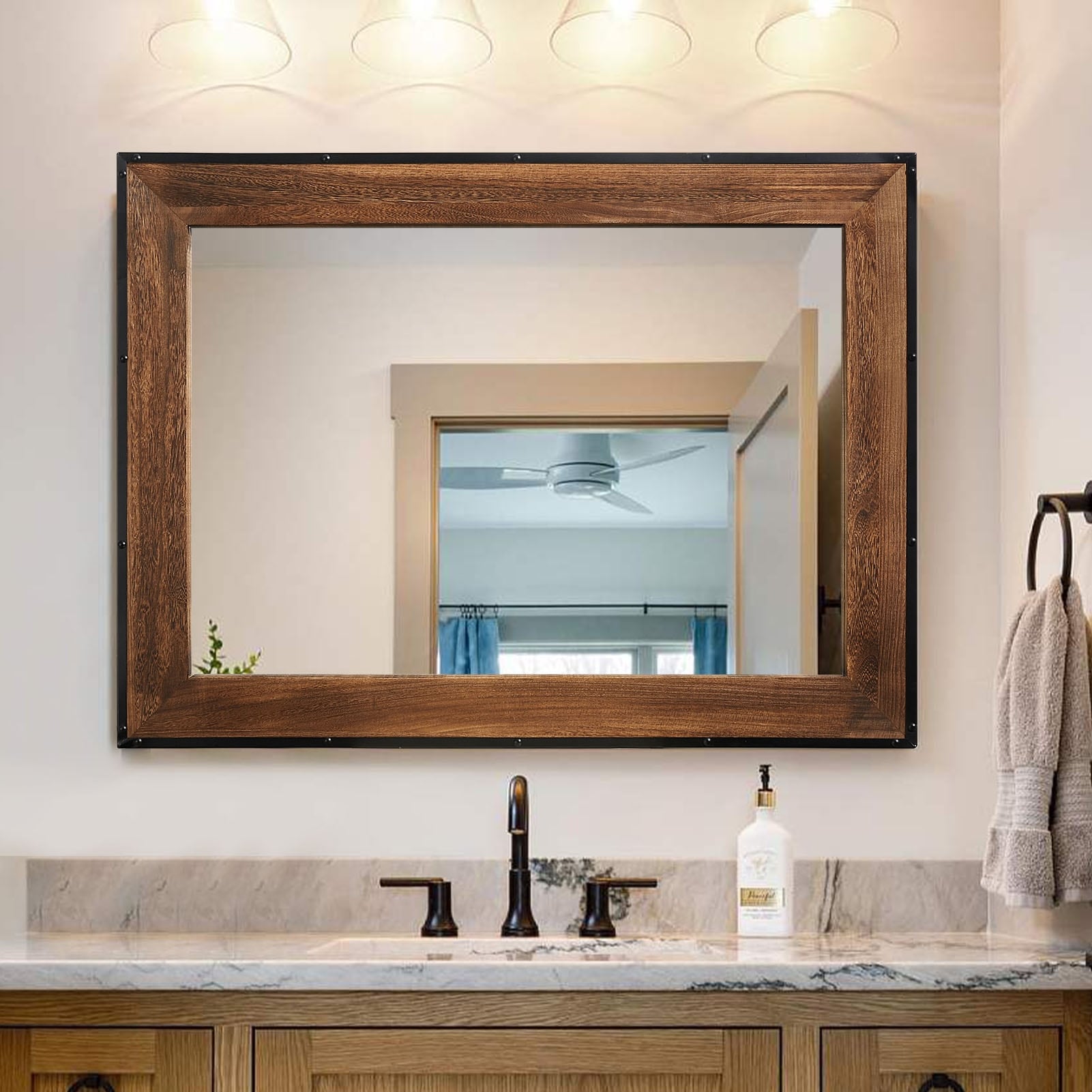 Miroir mural rustique en bois naturel et cadre en fer