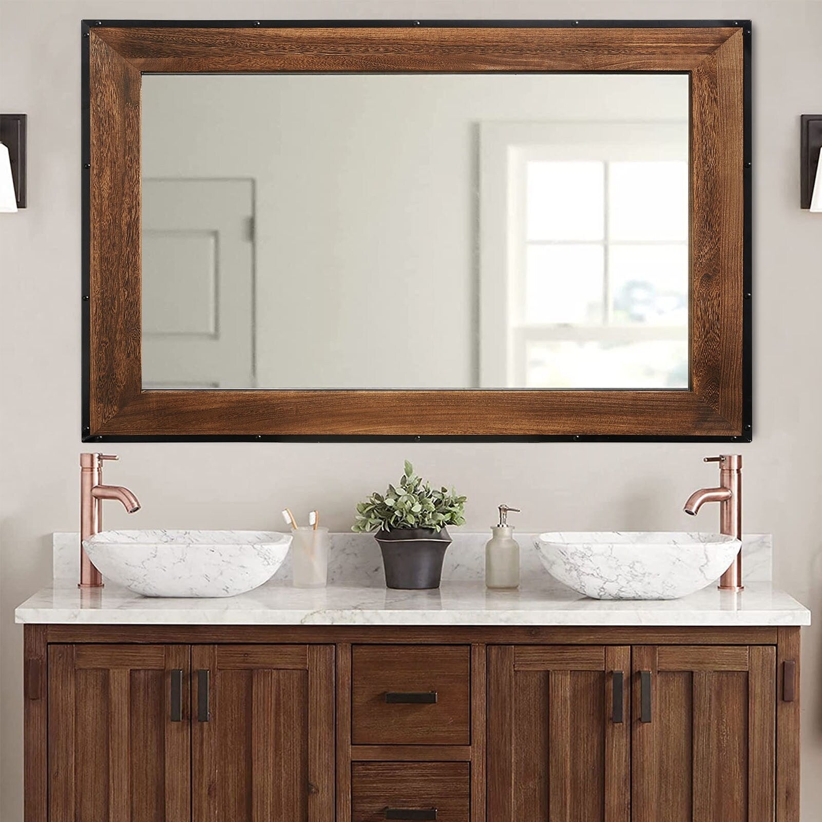 Miroir mural rustique en bois naturel et cadre en fer