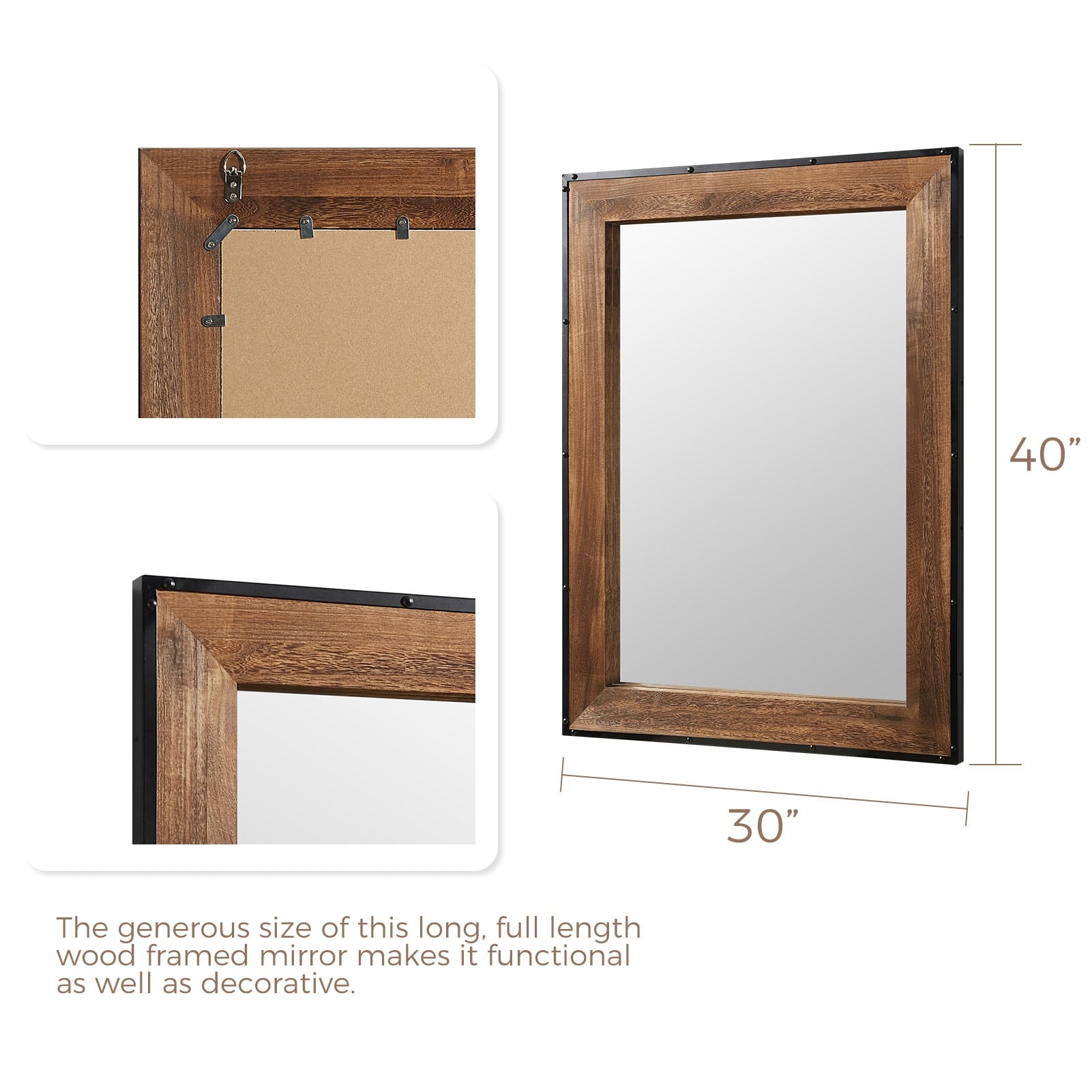 Miroir mural rustique en bois naturel et cadre en fer