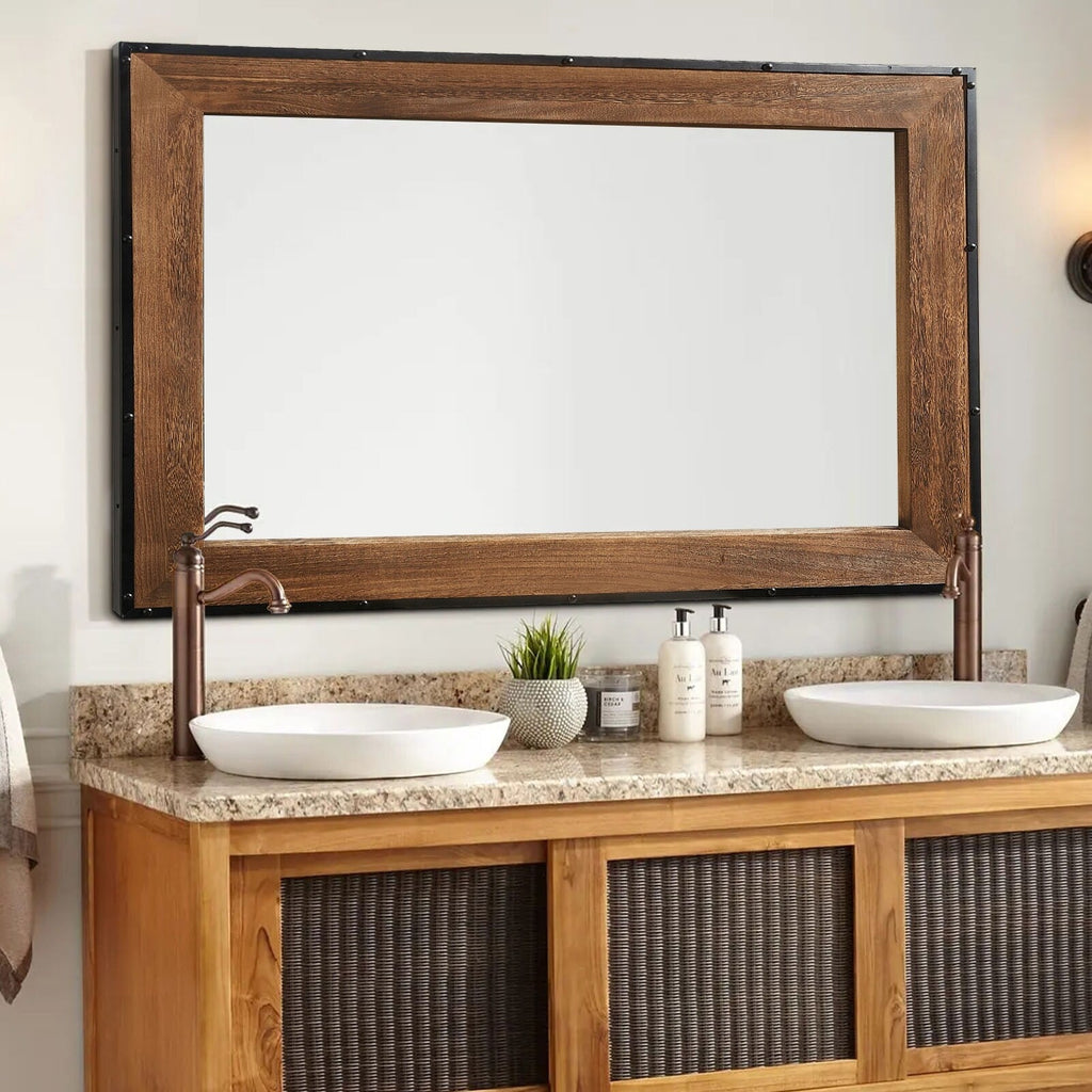 Miroir mural rustique en bois naturel et cadre en fer
