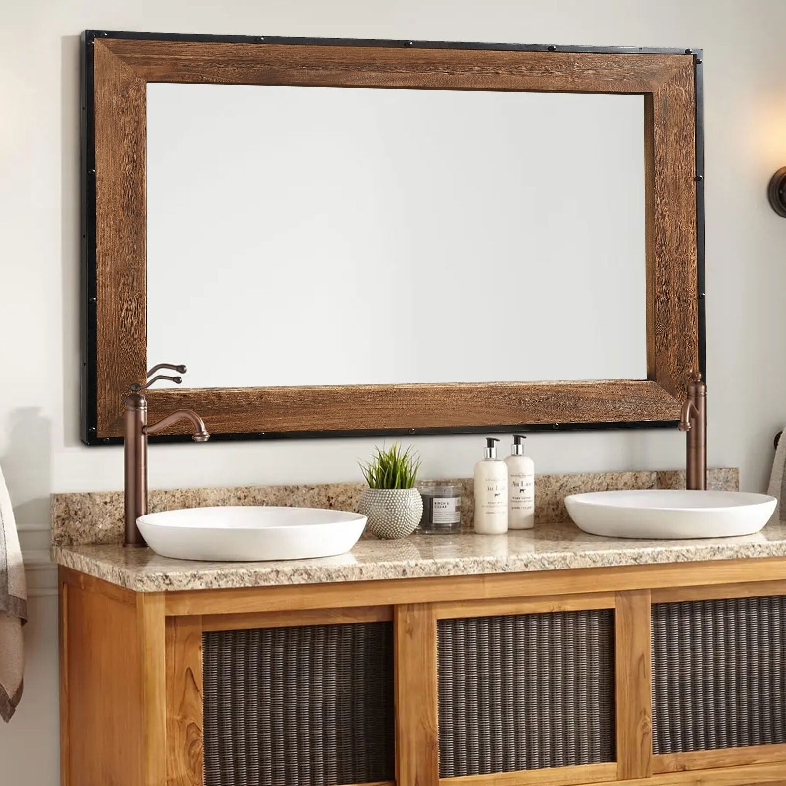 Miroir mural rustique en bois naturel et cadre en fer