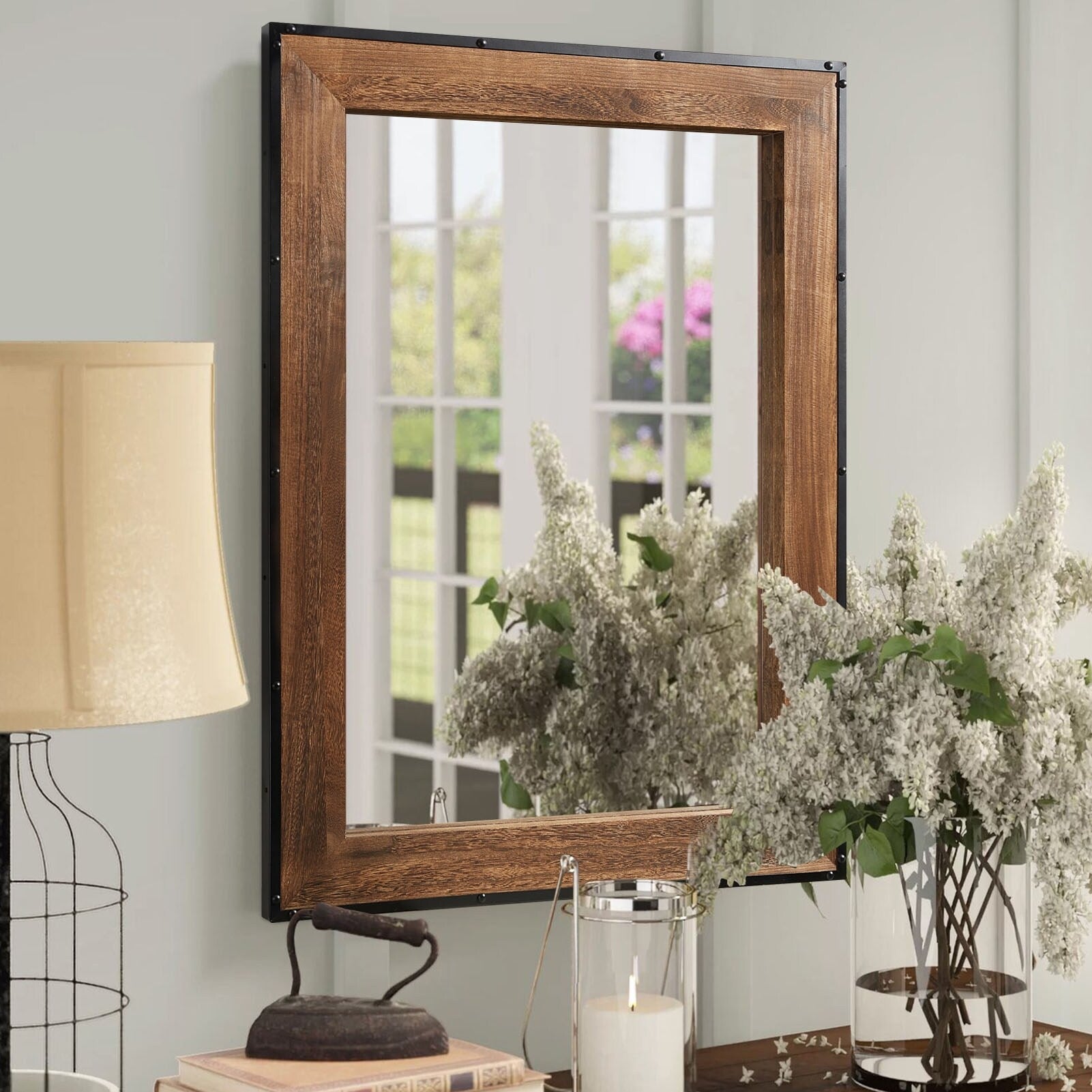 Miroir mural rustique en bois naturel et cadre en fer