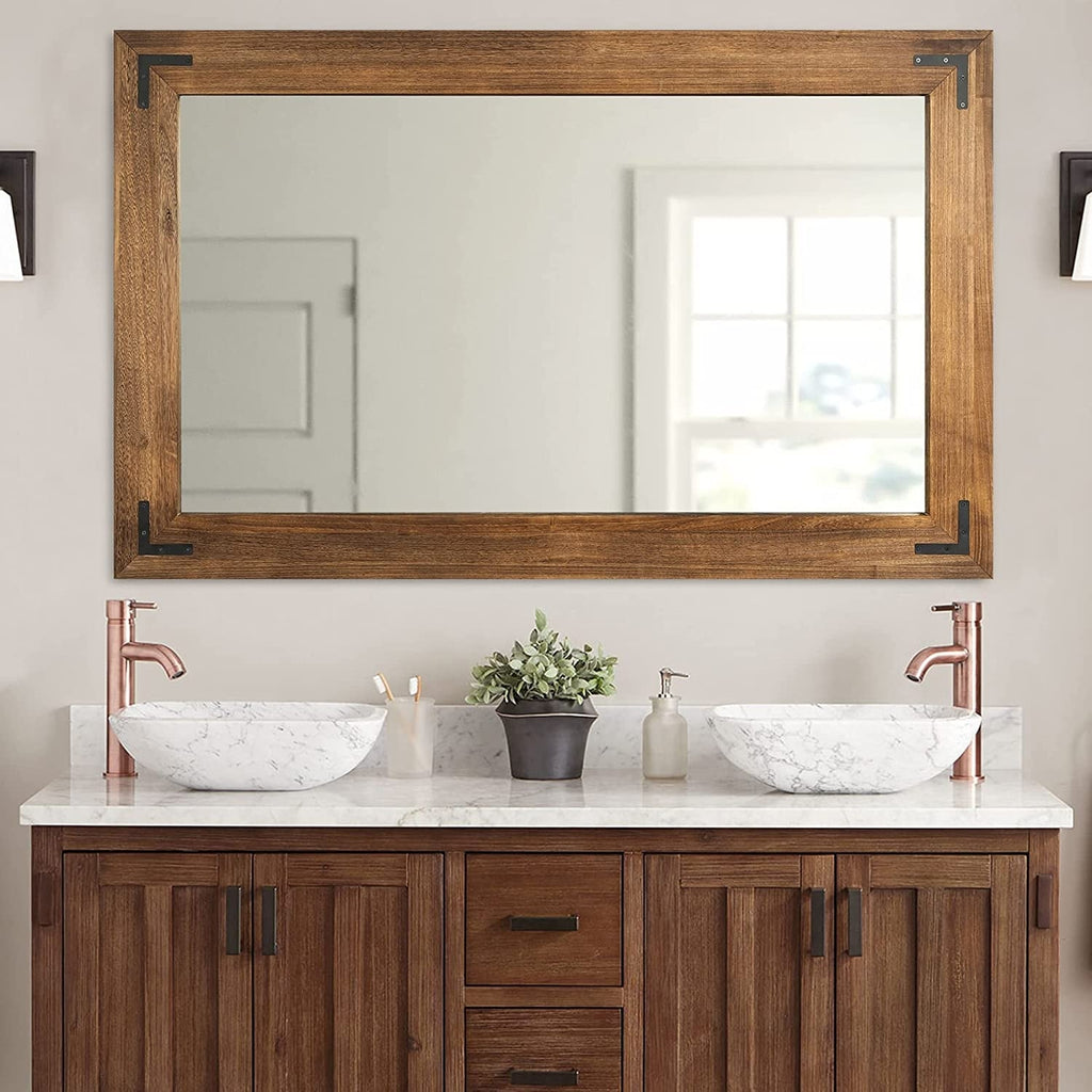 Miroir mural rustique encadré en bois, miroir de salle de bain en bois naturel