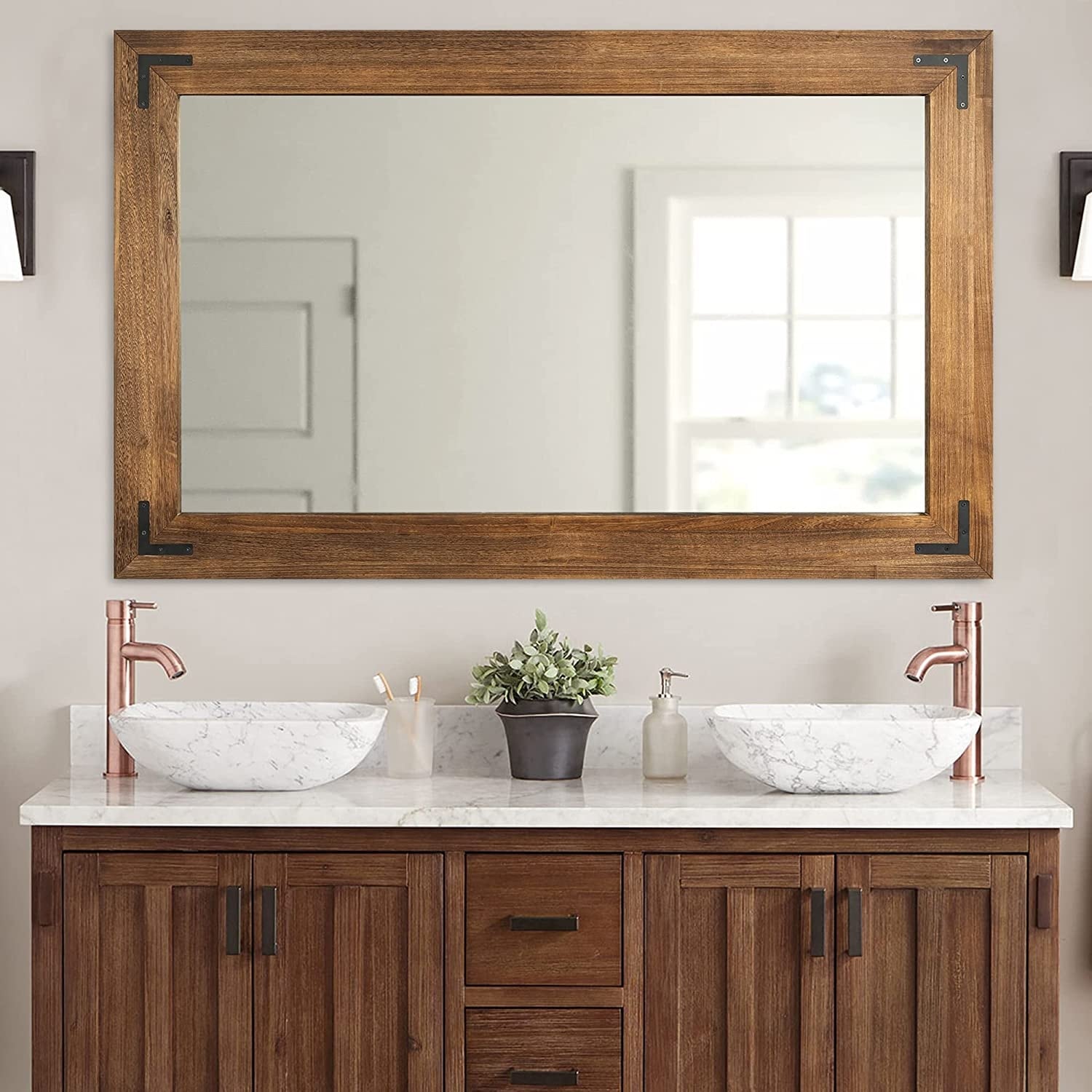 Miroir mural rustique encadré en bois, miroir de salle de bain en bois naturel