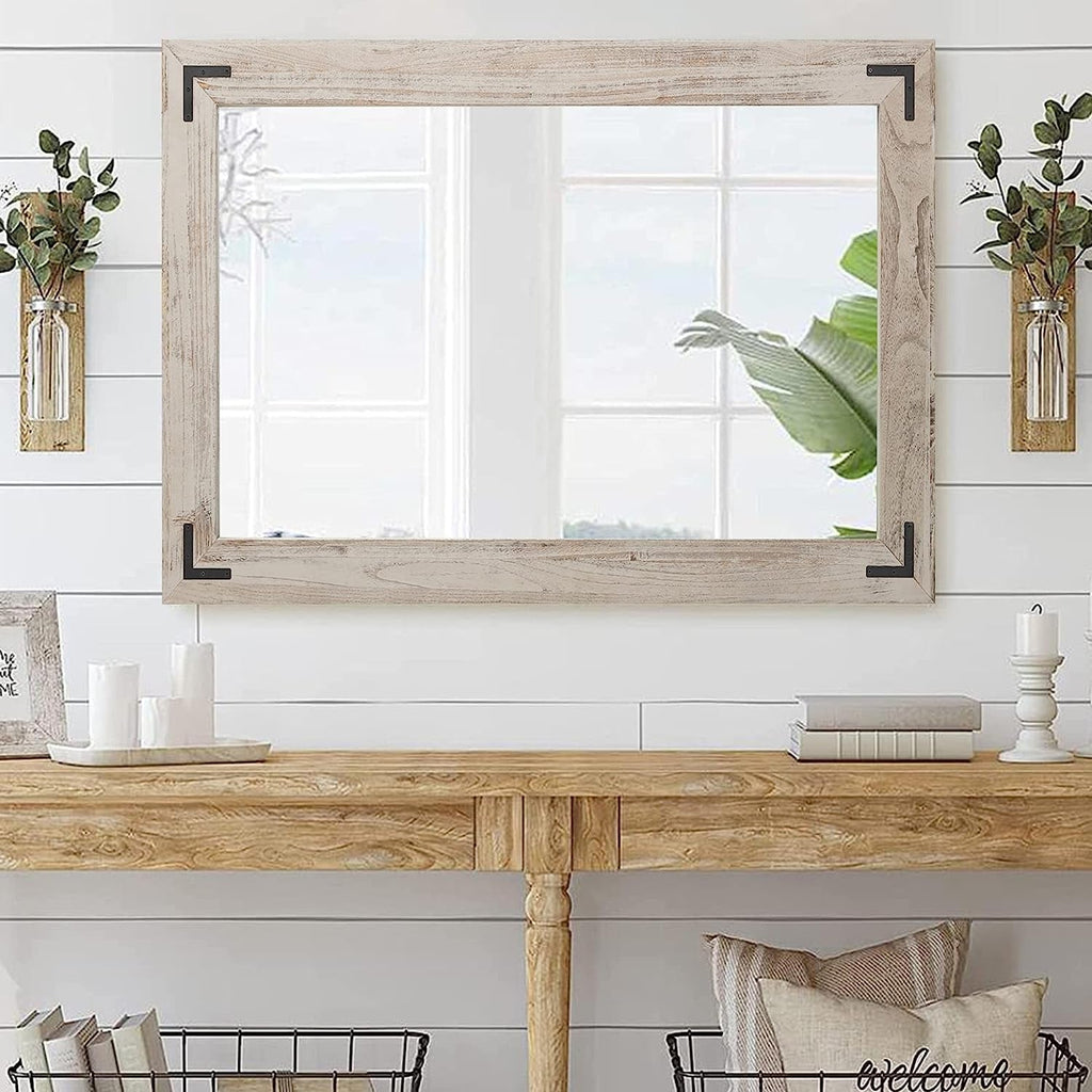 Miroir mural rustique encadré en bois, miroir de salle de bain en bois naturel