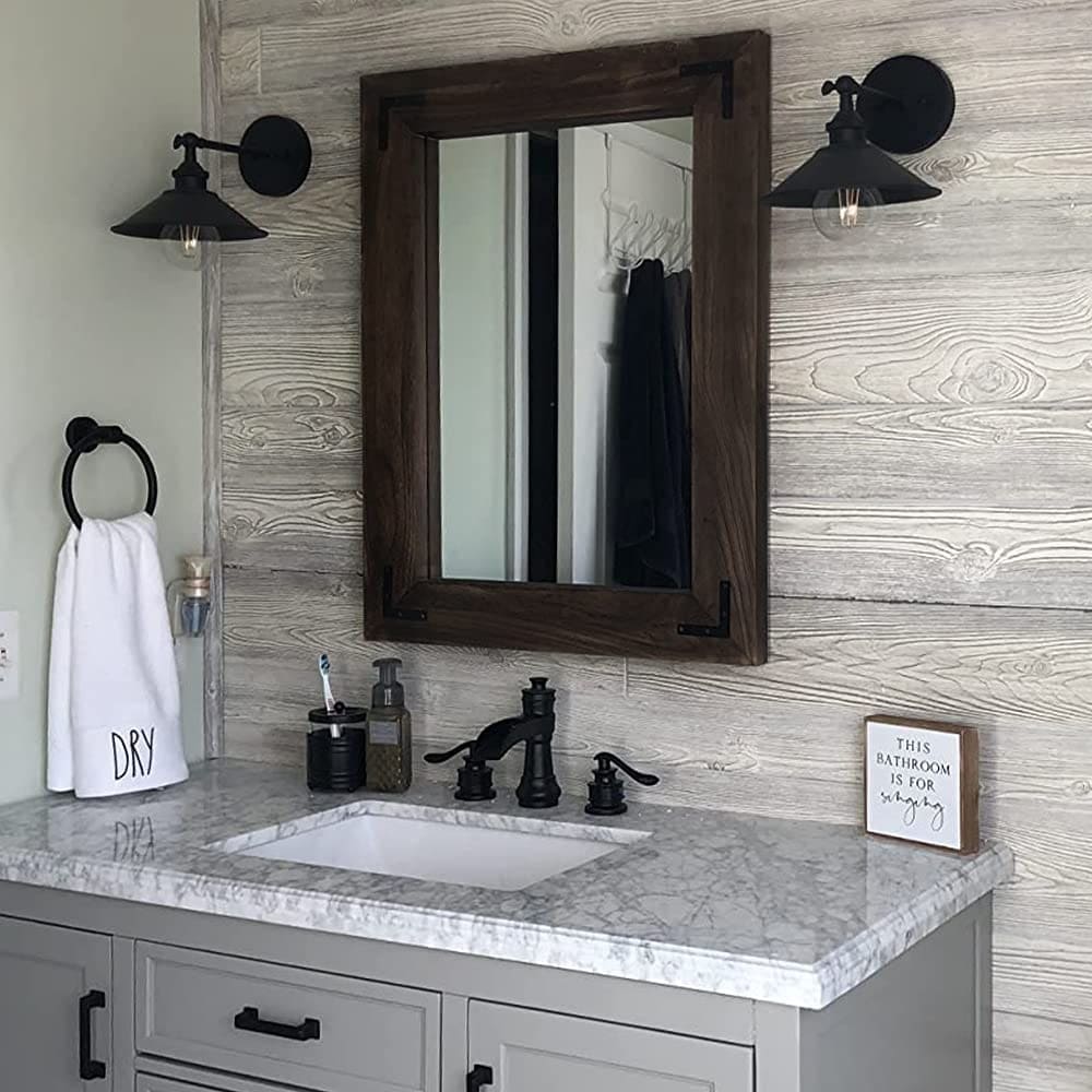 Miroir mural rustique encadré en bois, miroir de salle de bain en bois naturel