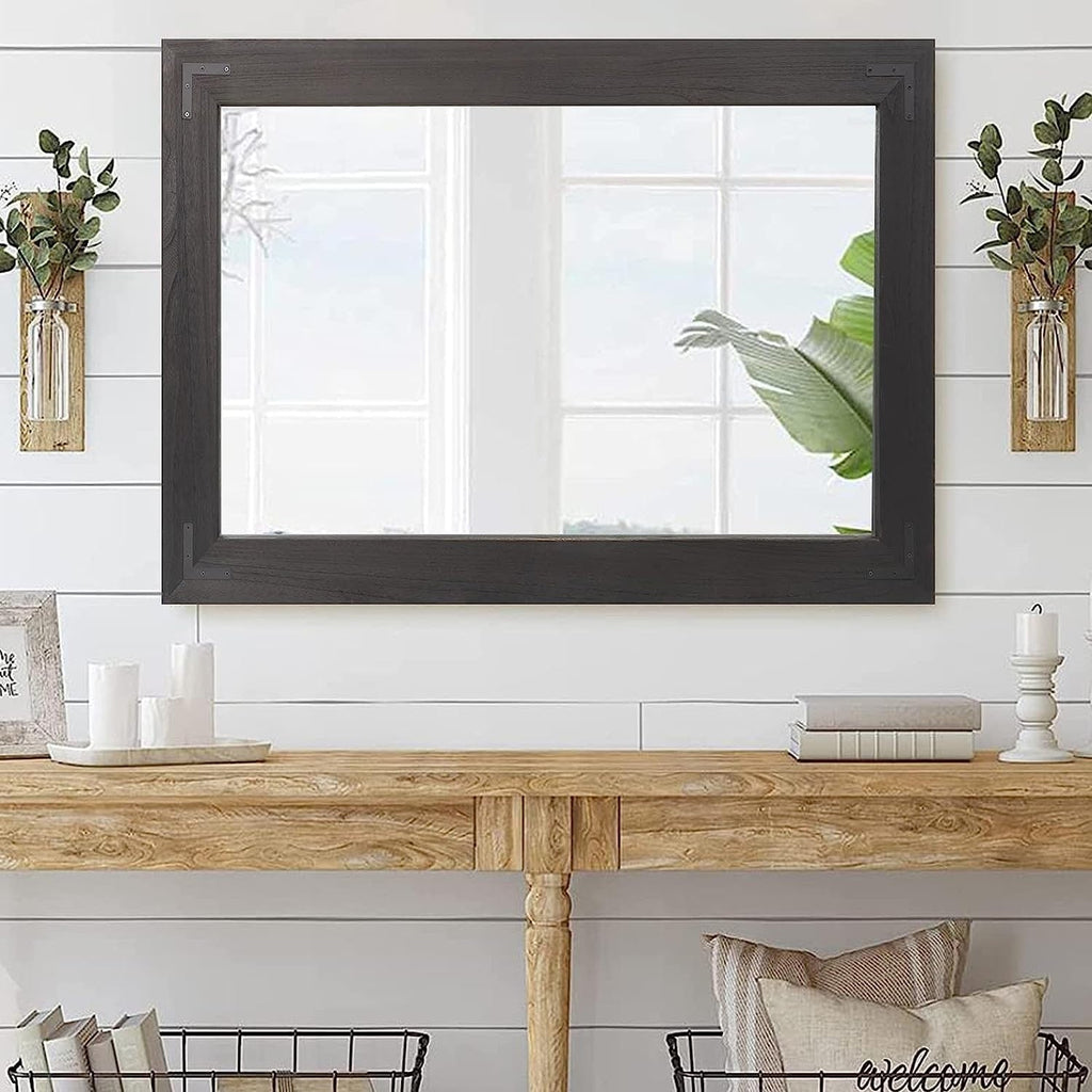 Miroir mural rustique encadré en bois, miroir de salle de bain en bois naturel