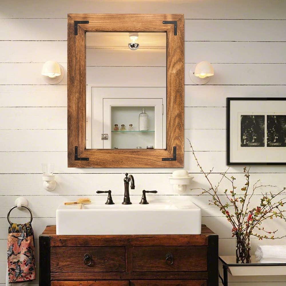 Miroir mural rustique encadré en bois, miroir de salle de bain en bois naturel