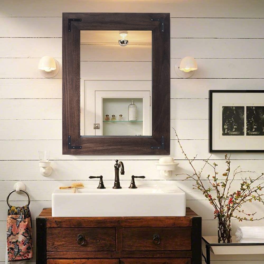 Miroir mural rustique encadré en bois, miroir de salle de bain en bois naturel