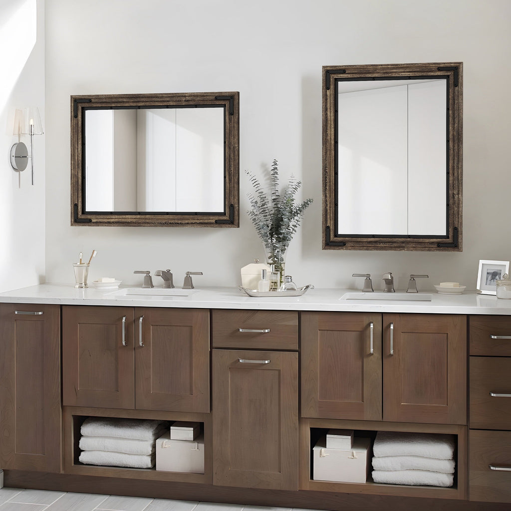 Miroir mural rustique encadré en bois, miroir de salle de bain en bois naturel