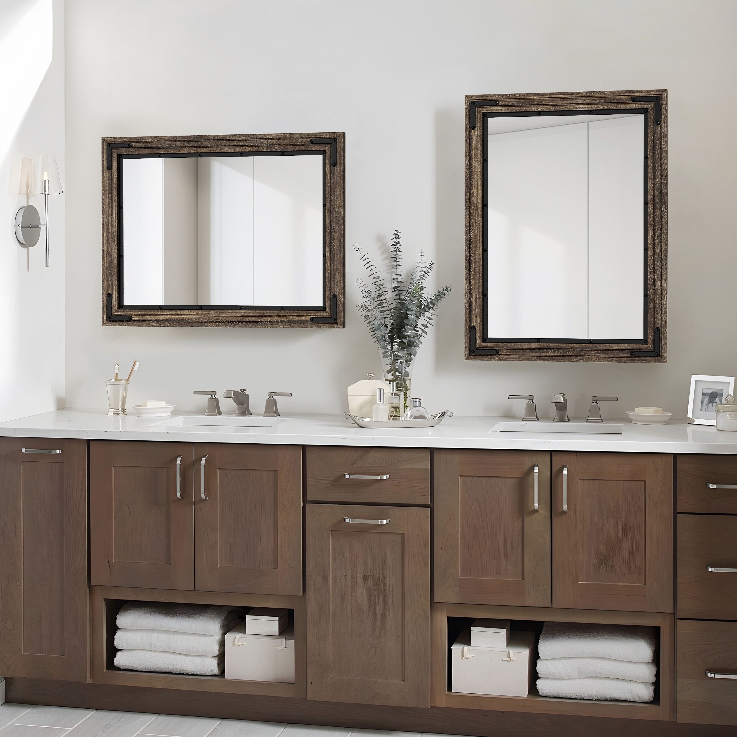 Miroir mural rustique encadré en bois, miroir de salle de bain en bois naturel