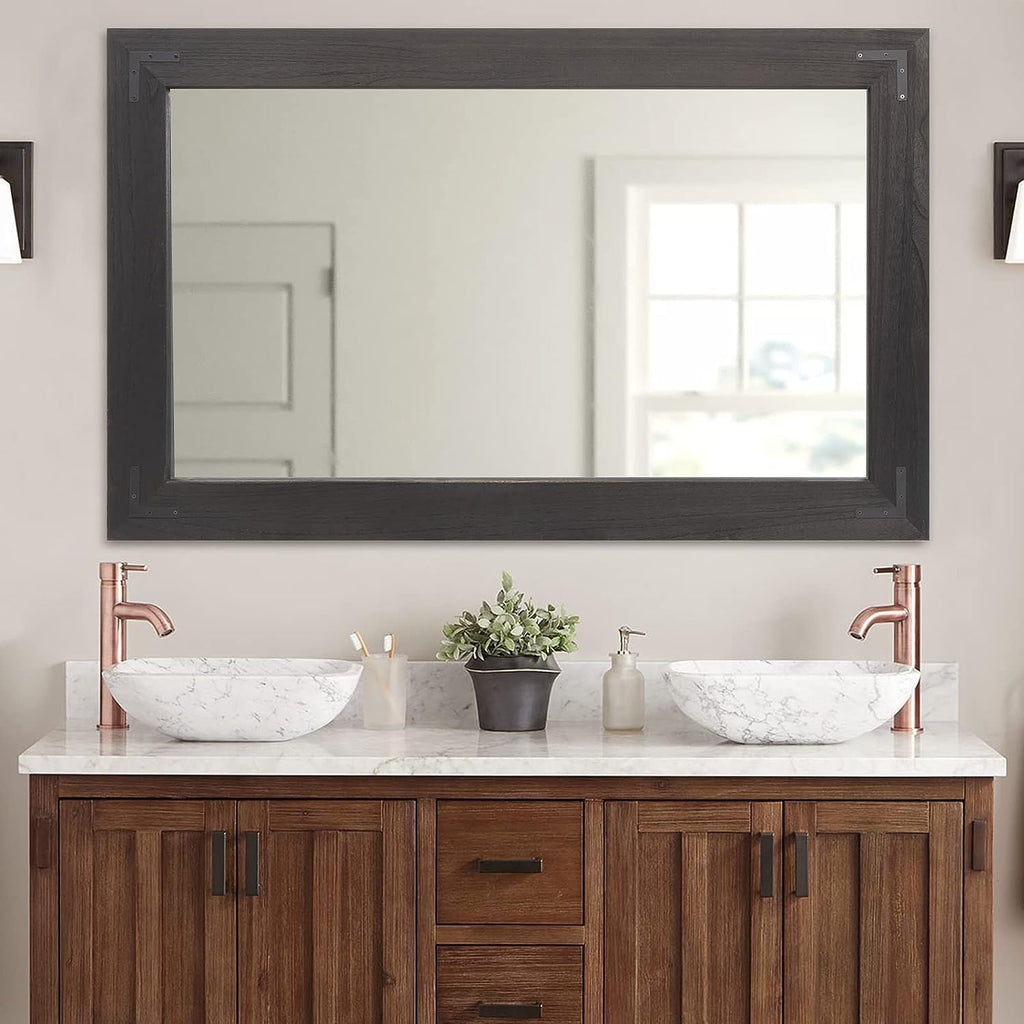 Miroir mural rustique encadré en bois, miroir de salle de bain en bois naturel