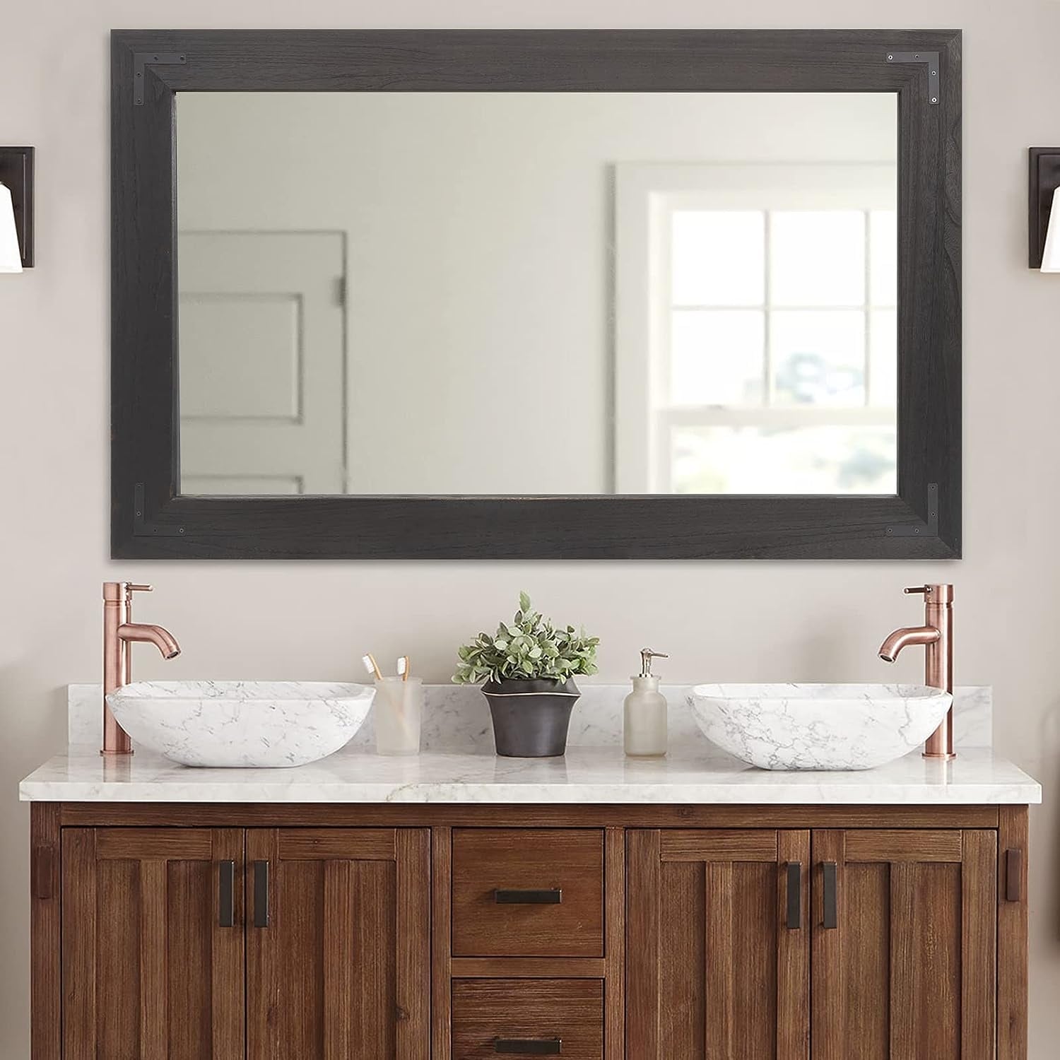 Miroir mural rustique encadré en bois, miroir de salle de bain en bois naturel
