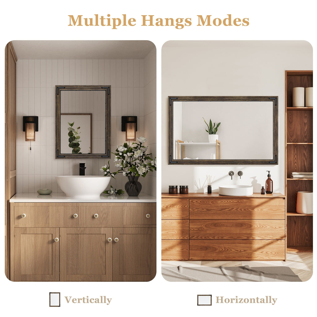 Miroir mural rustique encadré en bois, miroir de salle de bain en bois naturel