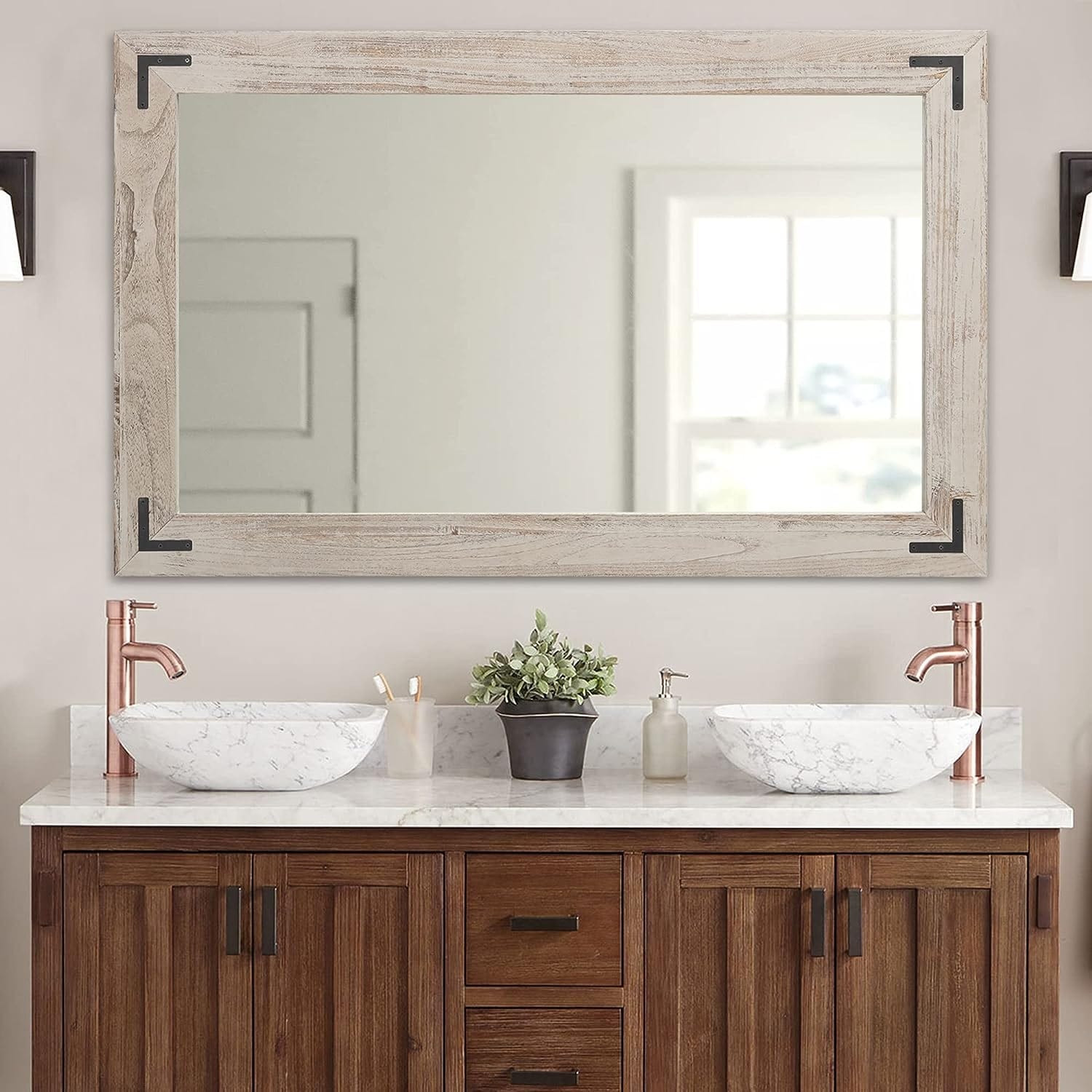 Miroir mural rustique encadré en bois, miroir de salle de bain en bois naturel