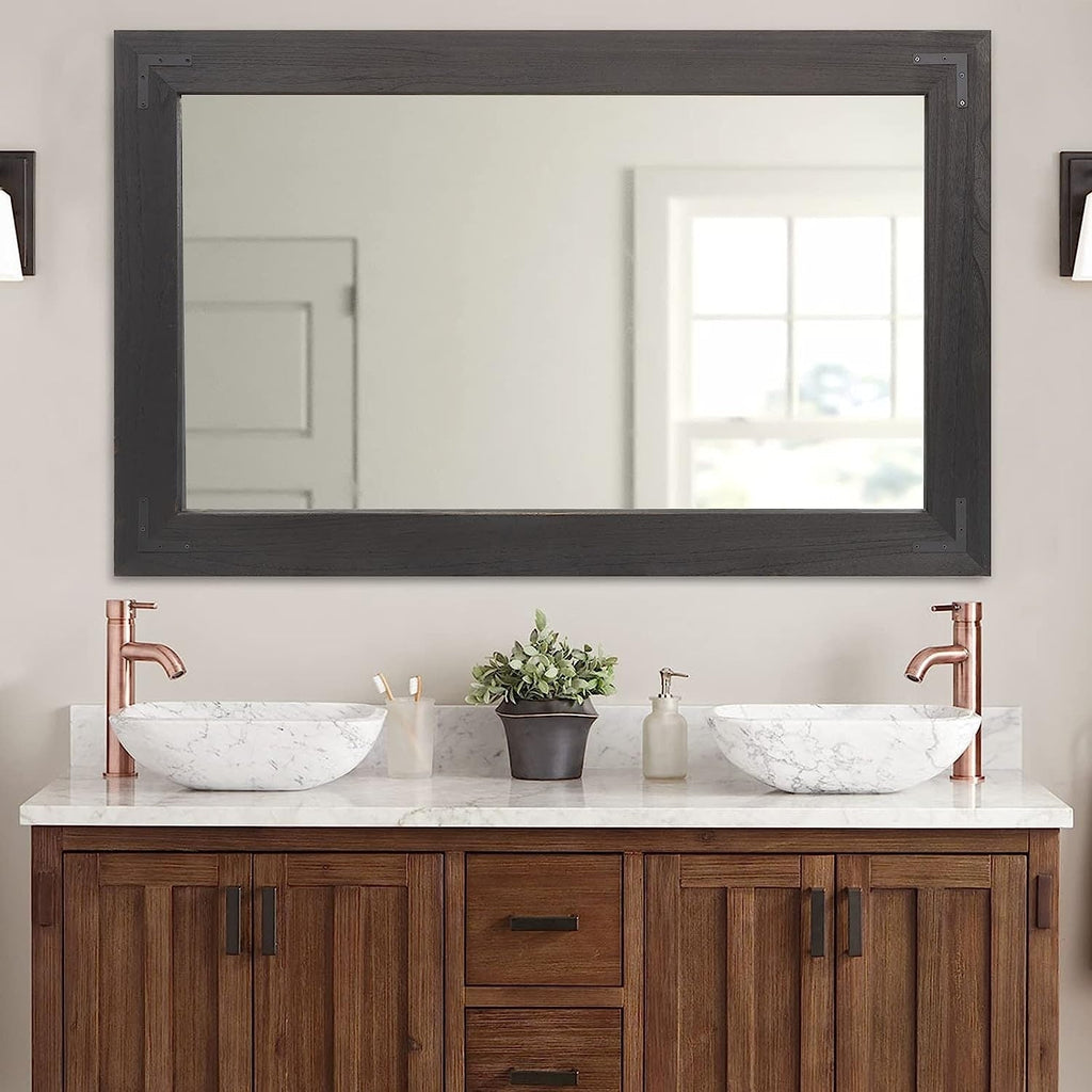 Miroir mural rustique encadré en bois, miroir de salle de bain en bois naturel
