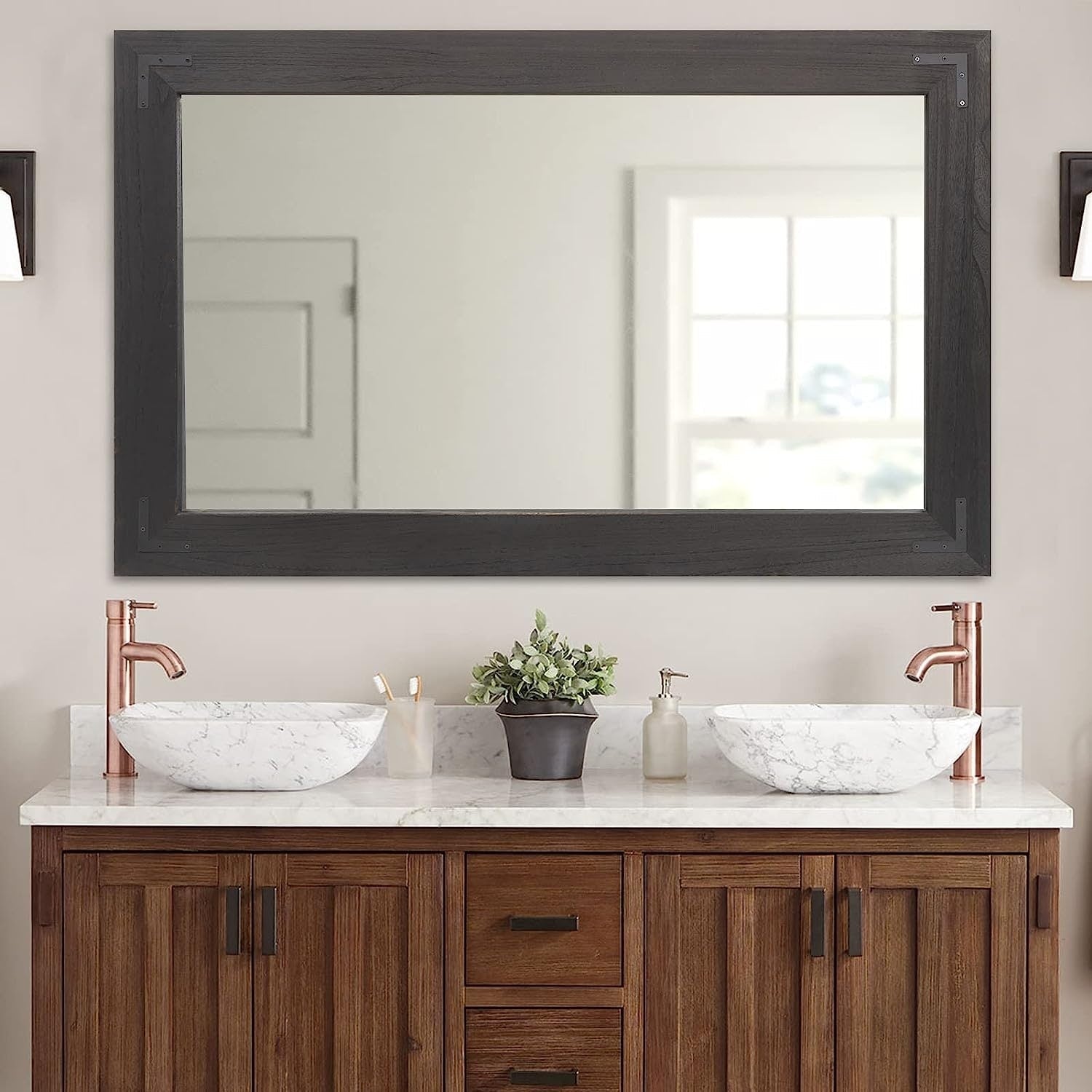 Miroir mural rustique encadré en bois, miroir de salle de bain en bois naturel