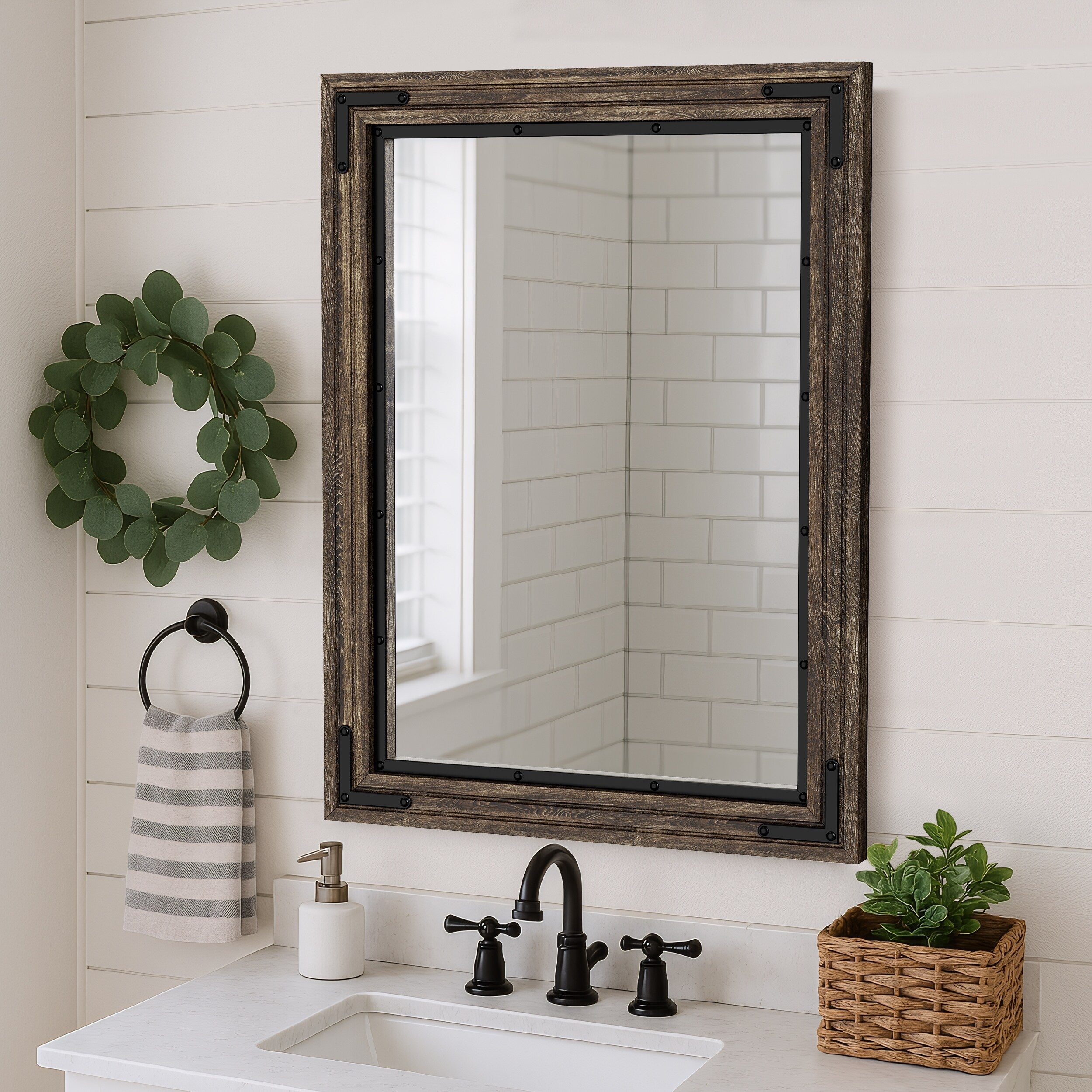 Miroir mural rustique encadré en bois, miroir de salle de bain en bois naturel