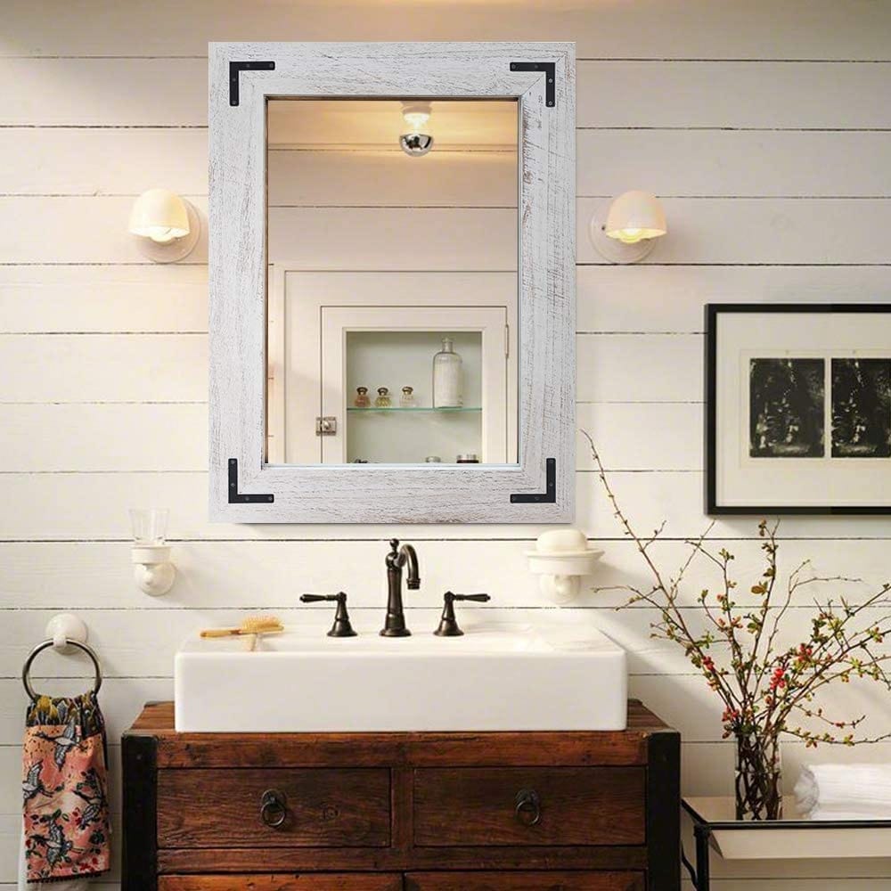Miroir mural rustique encadré en bois, miroir de salle de bain en bois naturel