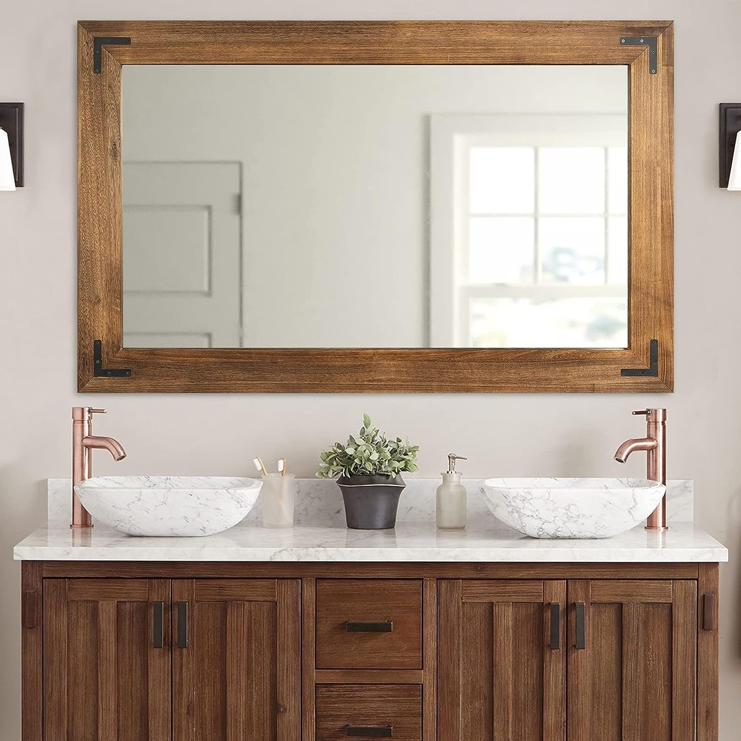Miroir mural rustique encadré en bois, miroir de salle de bain en bois naturel