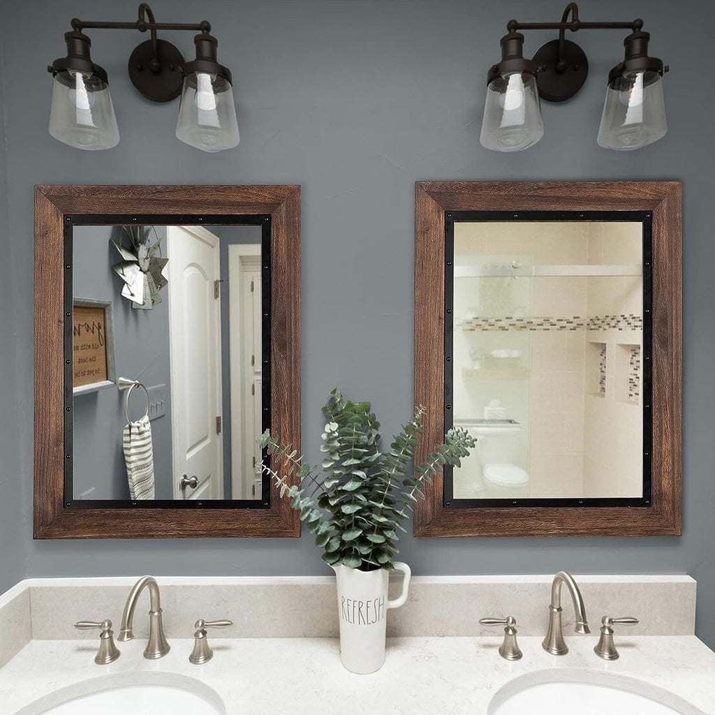 Miroir de salle de bain mural rustique en bois et fer encastré