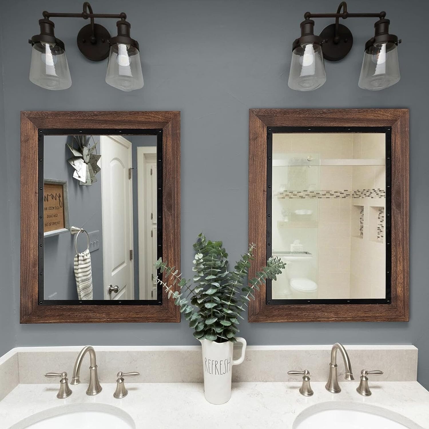 Miroir de salle de bain mural rustique en bois et fer encastré