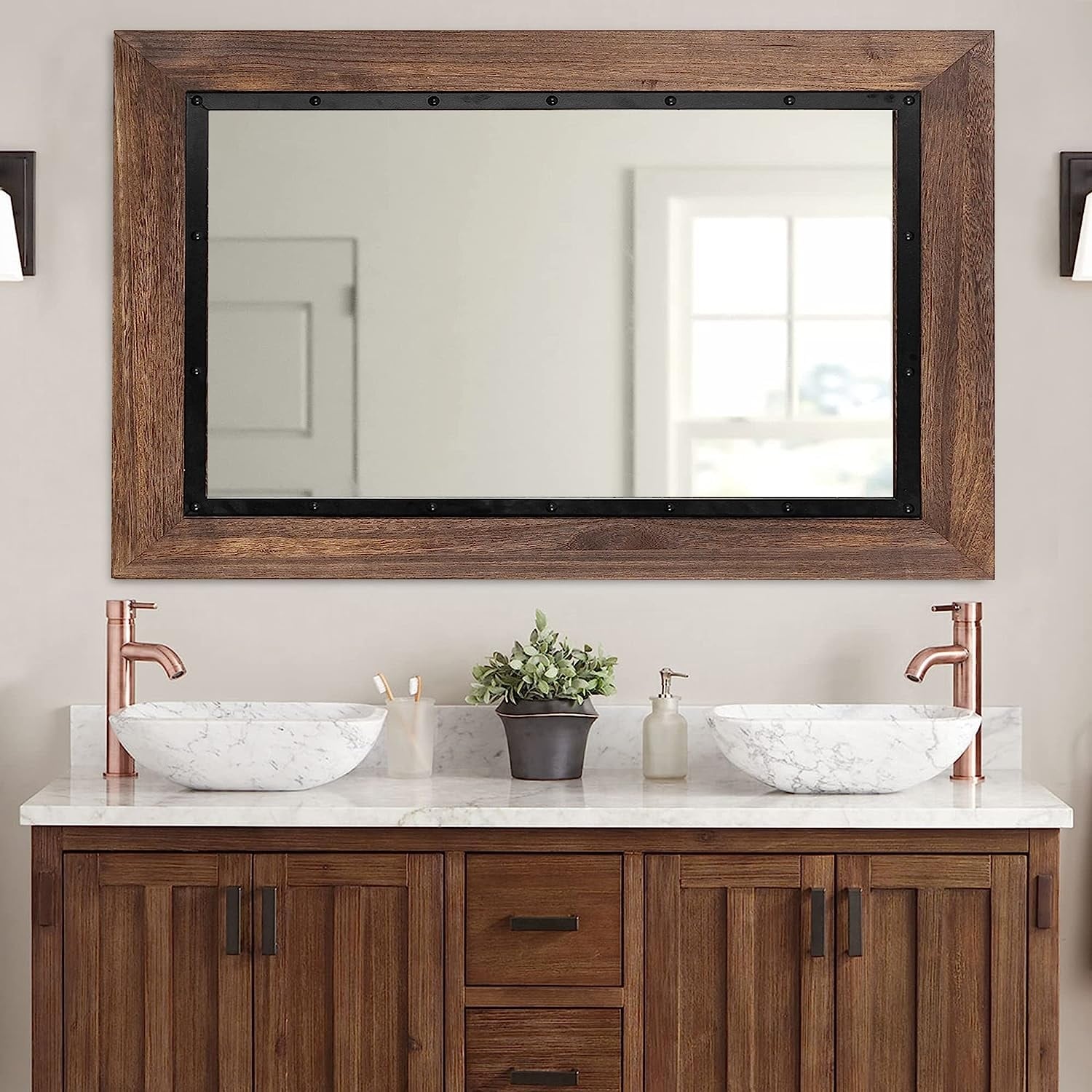 Miroir de salle de bain mural rustique en bois et fer encastré