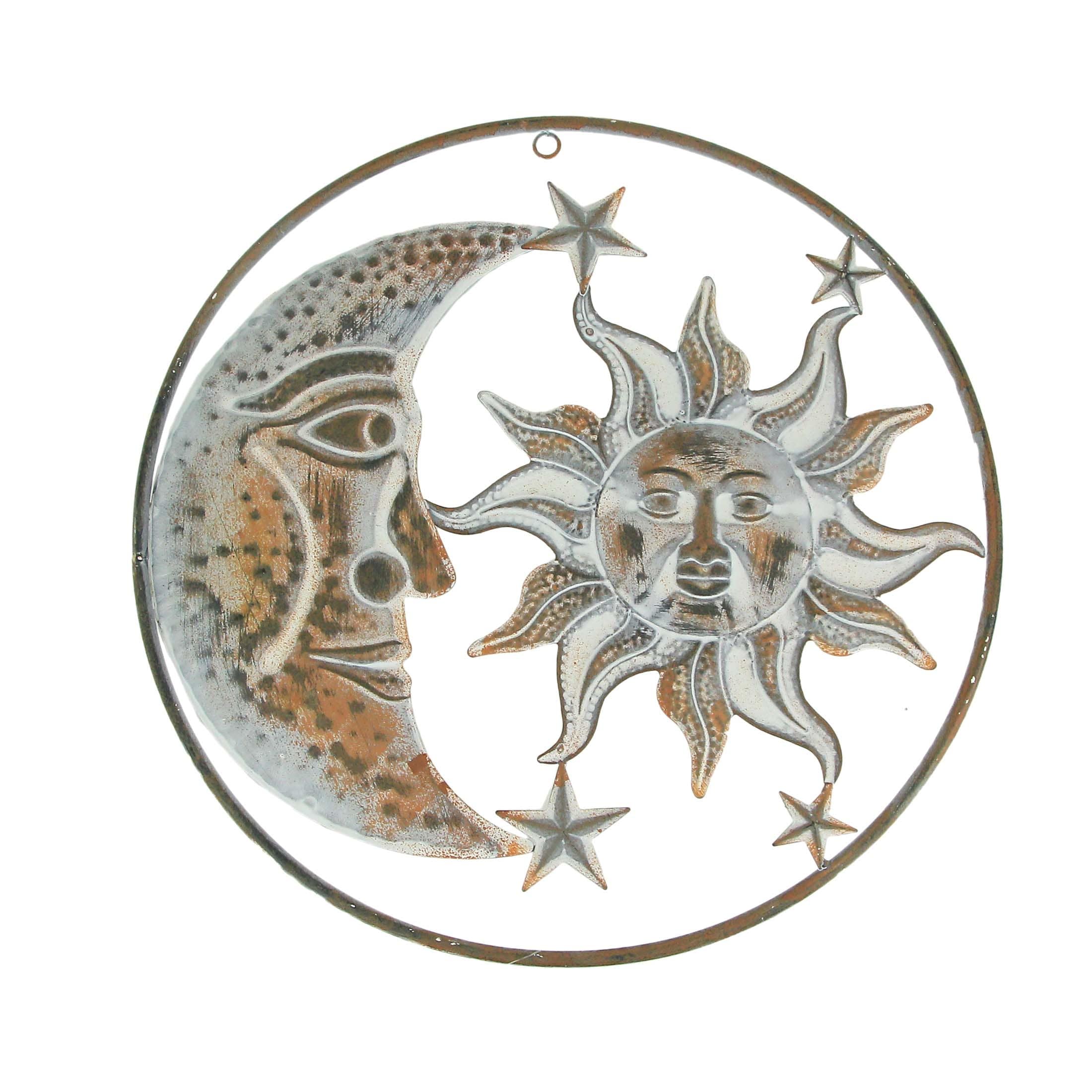 Décoration murale en métal blanc rouillé, motif céleste, soleil, lune et étoiles, pour intérieur et extérieur