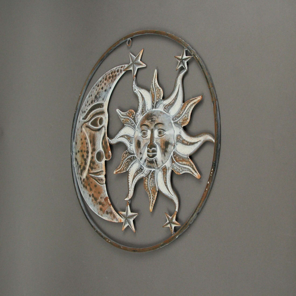 Décoration murale en métal blanc rouillé, motif céleste, soleil, lune et étoiles, pour intérieur et extérieur